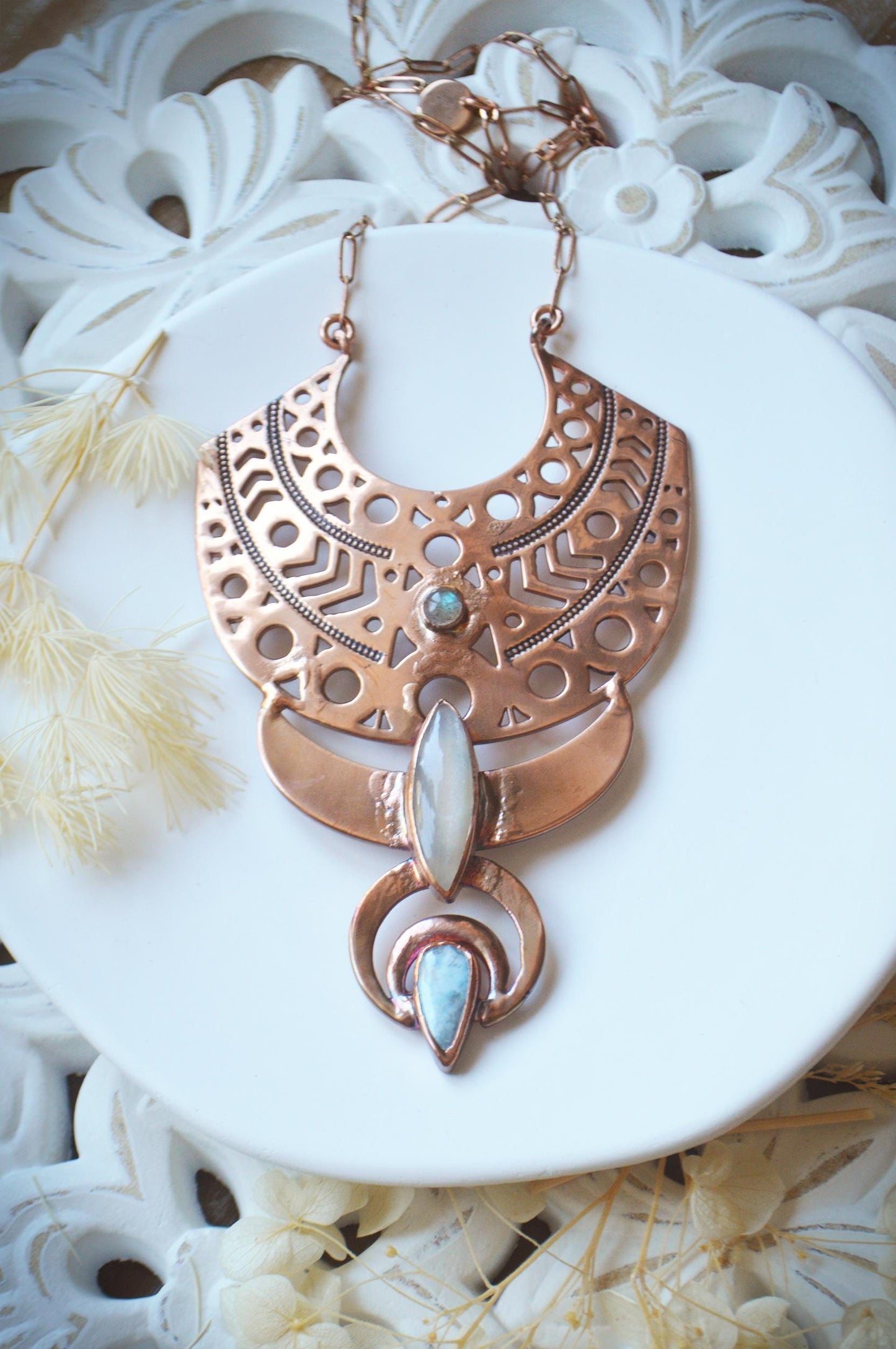 Statement tribal collar with labradorite, moonstone and larimar