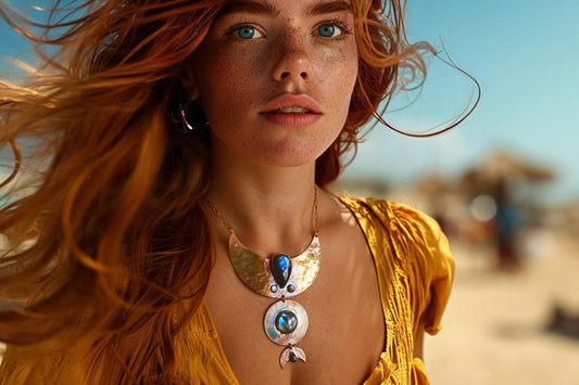 Statement tribal collar with five labradorites, textured copper geometric necklace