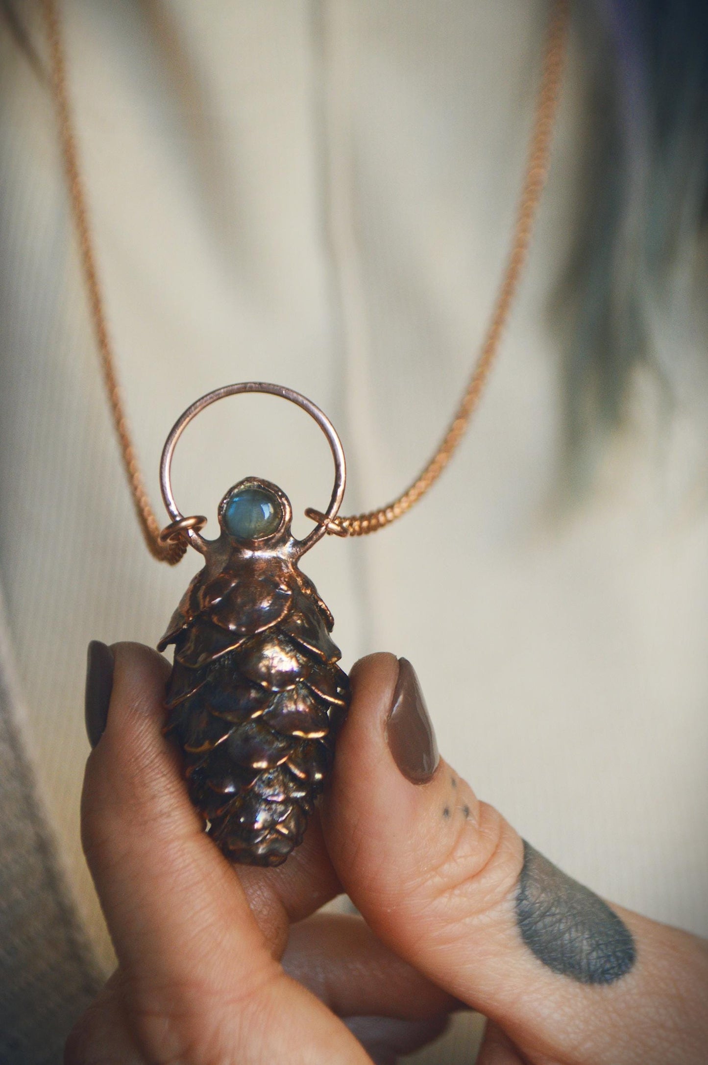 Real pinecone formed in copper pendant with blue labradorite, Christmas gift for her