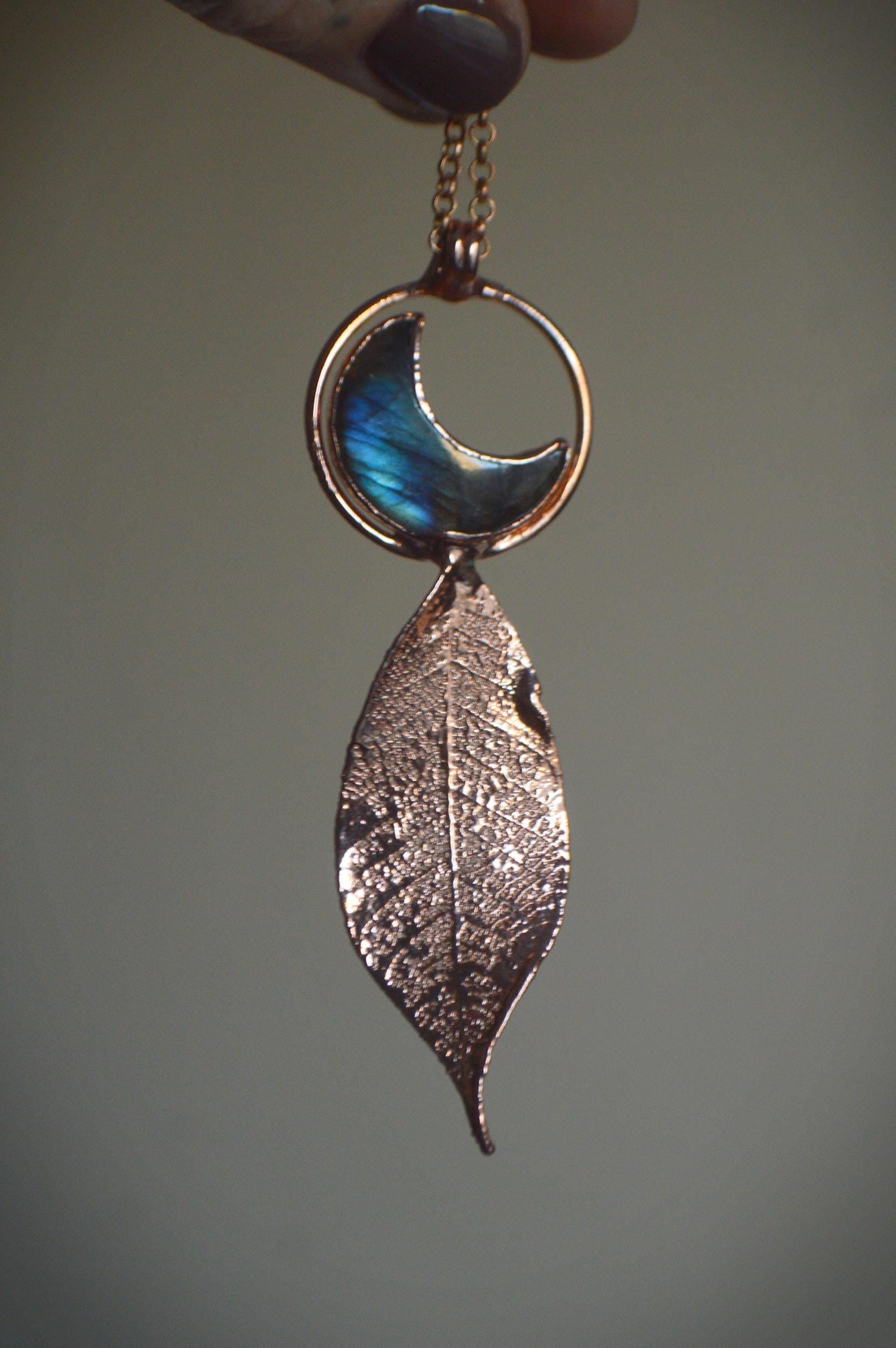 Skeleton leaf formed in copper pendant with blue labradorite moon, Christmas gift for her