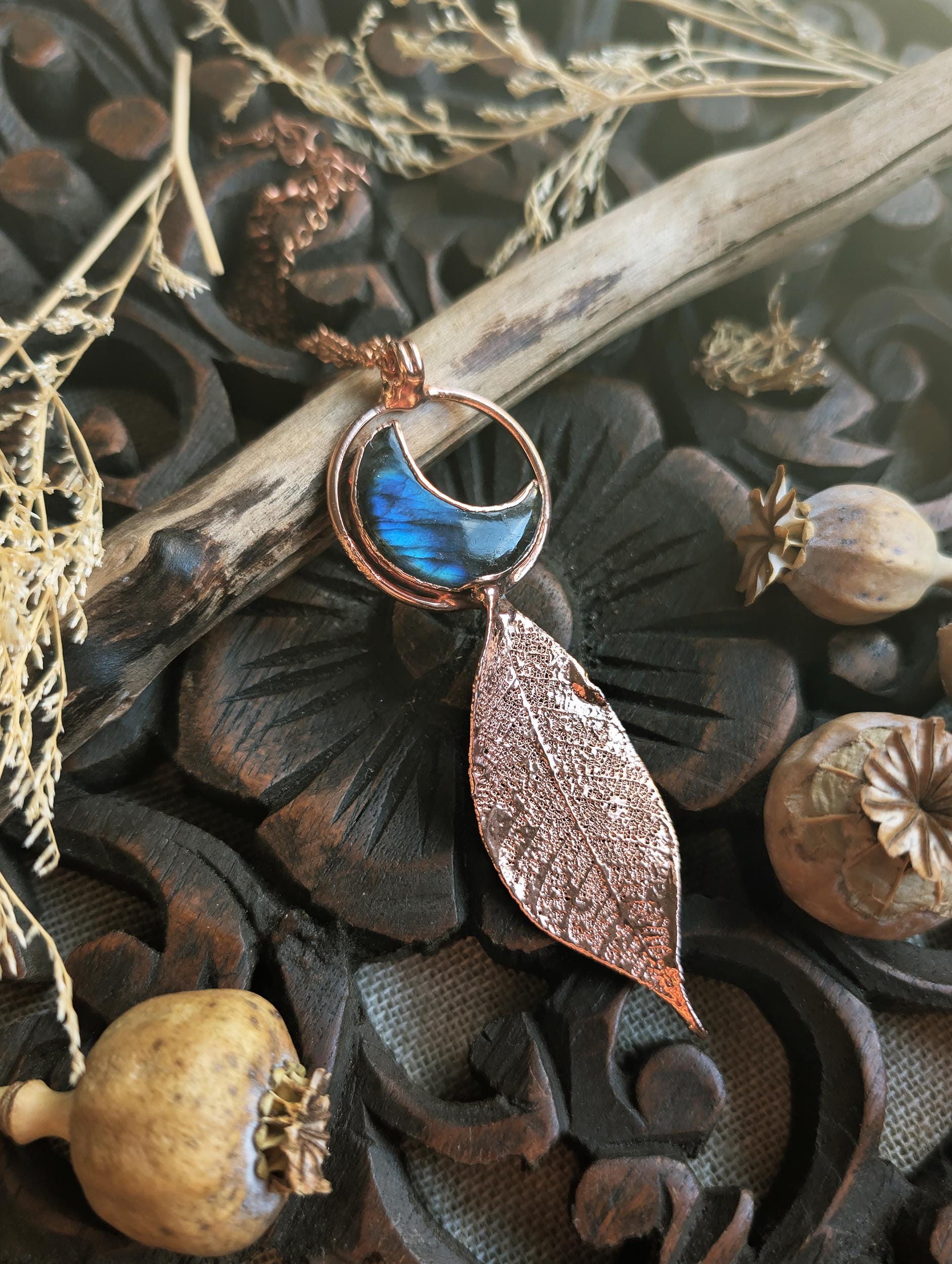 Skeleton leaf formed in copper pendant with blue labradorite moon, Christmas gift for her