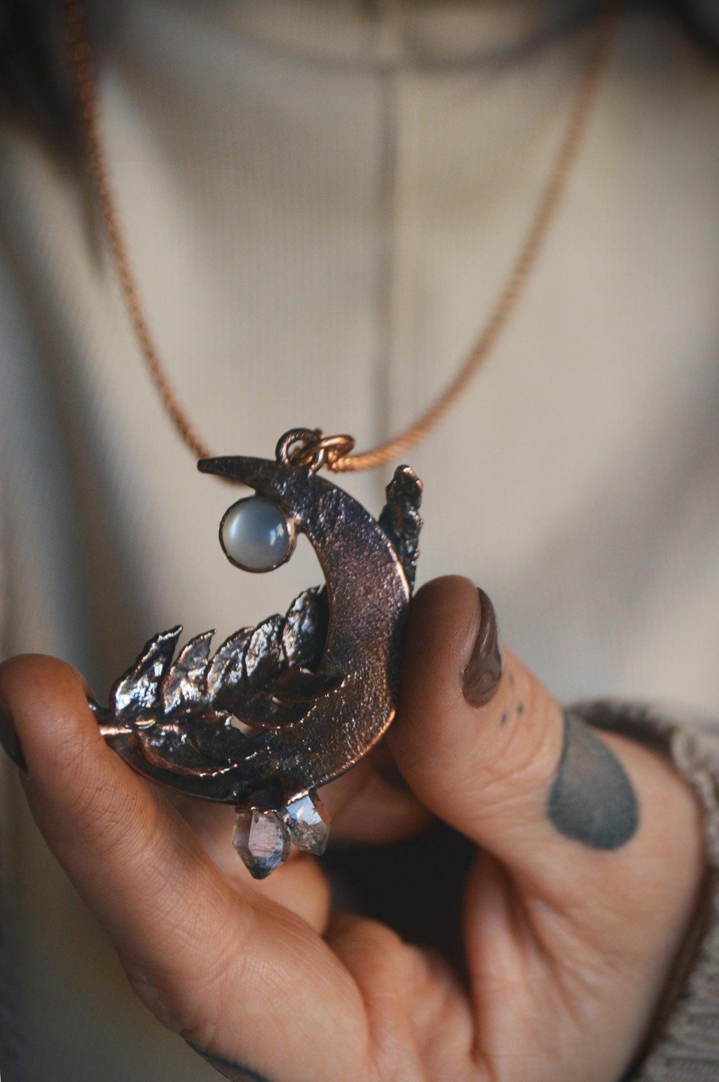 Real fern leaf necklace with raw quartz and moonstone, dreamy jewellery