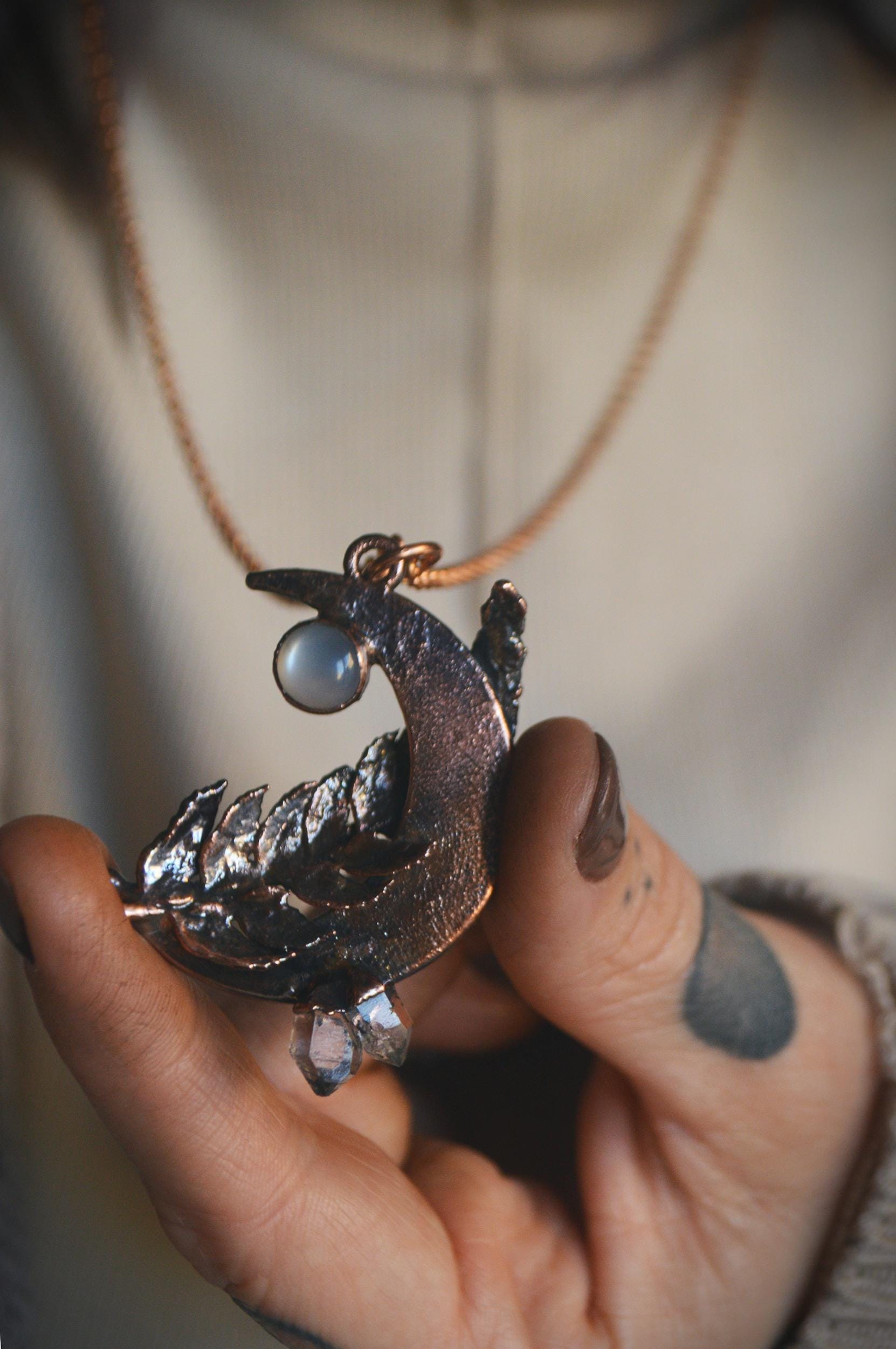 Real fern leaf necklace with raw quartz and moonstone, dreamy jewellery