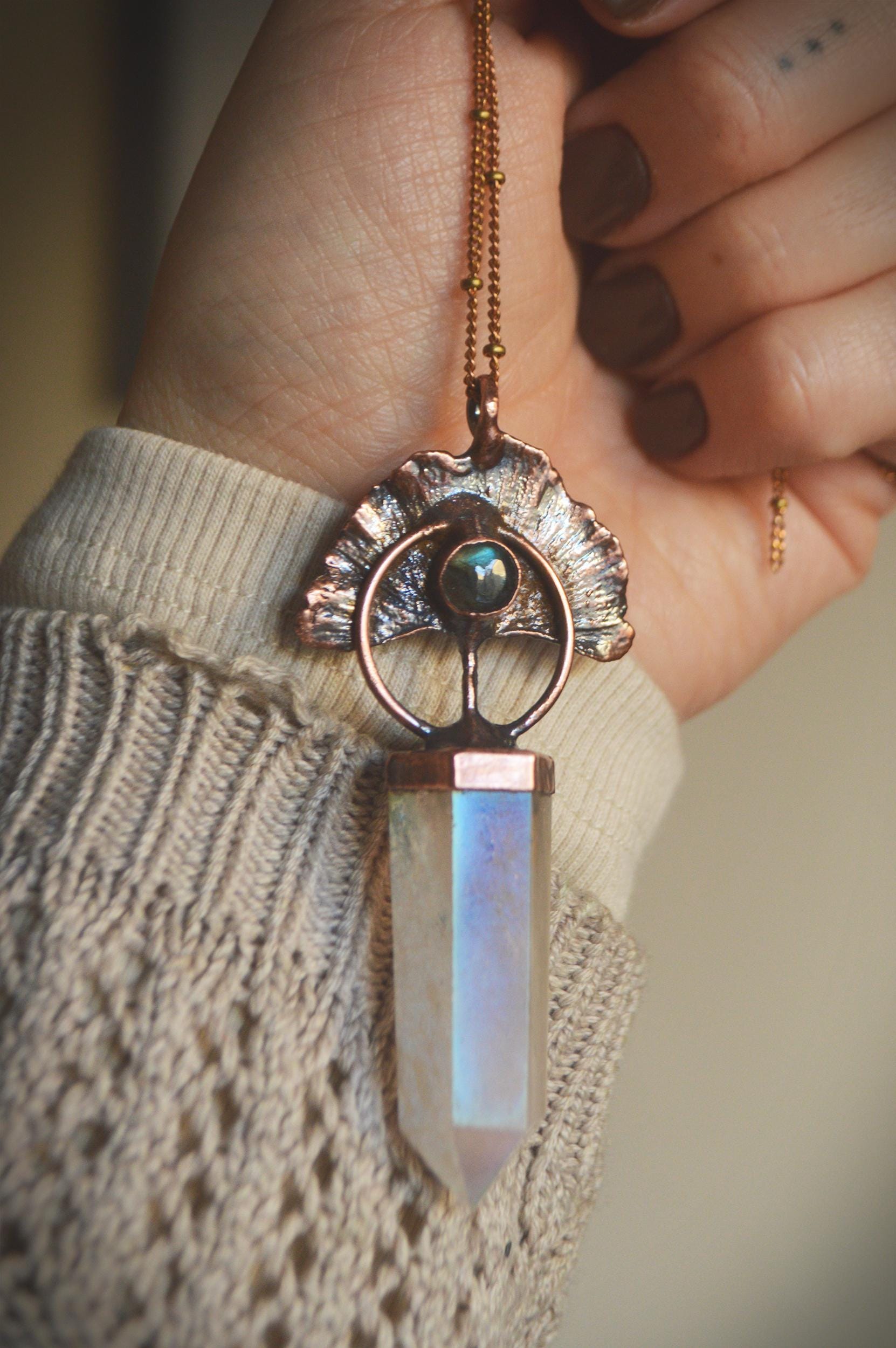 Real gingko leaf aura rose quartz point with labradorite. Botanical jewellery