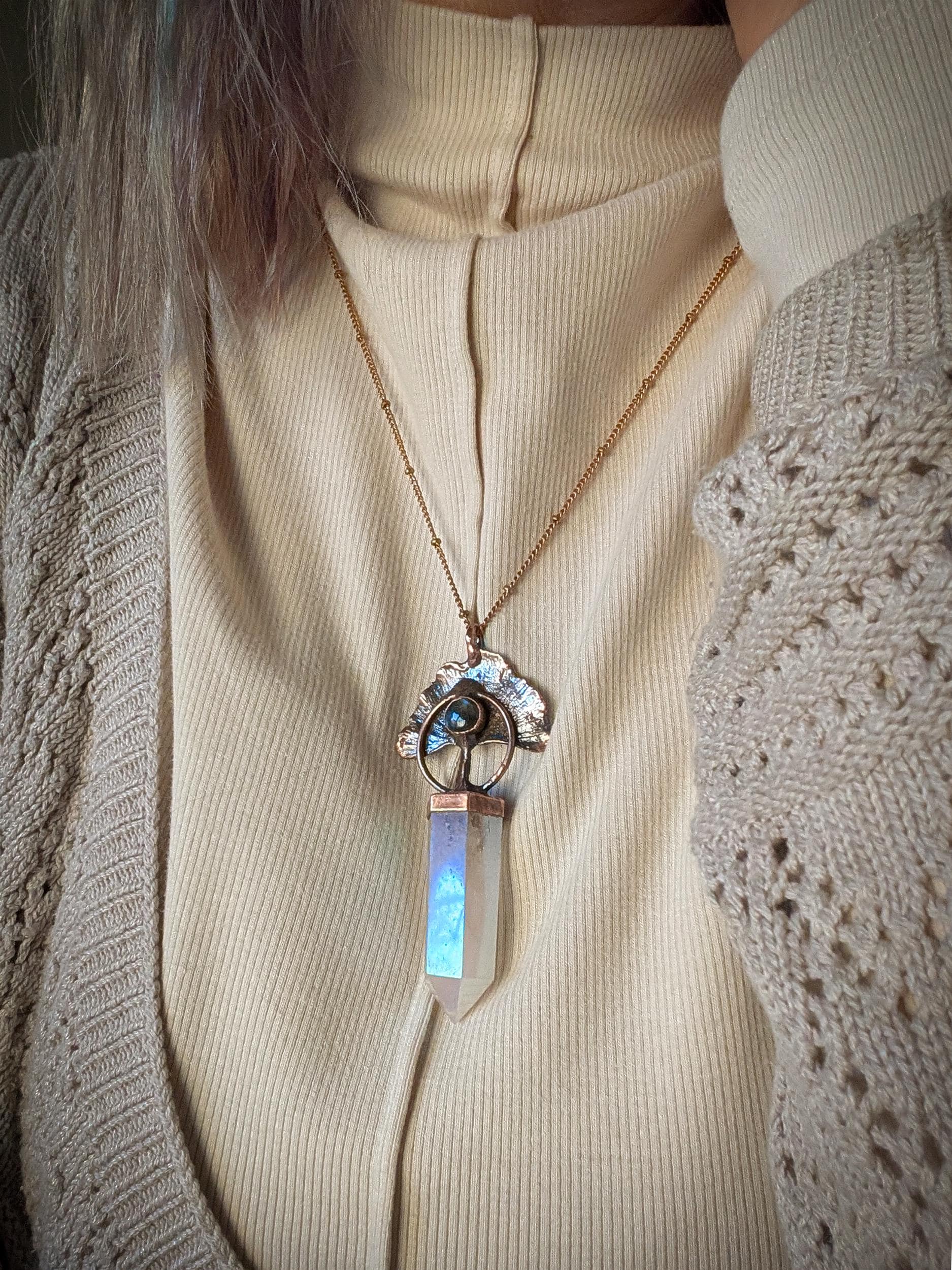 Real gingko leaf aura rose quartz point with labradorite. Botanical jewellery