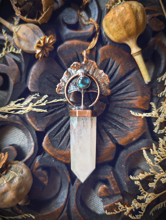 Real gingko leaf aura rose quartz point with labradorite. Botanical jewellery