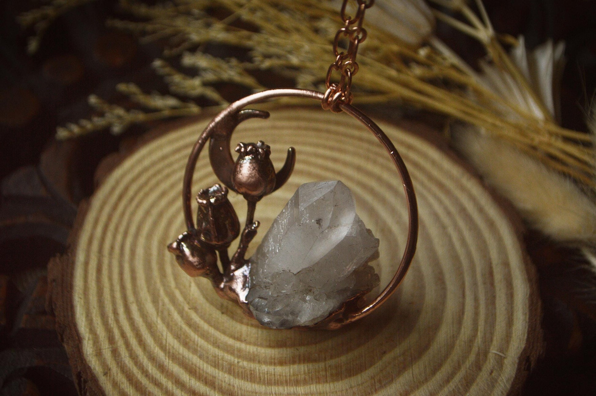 Real botanicals formed into copper, necklace with raw quartz shard and crescent moon