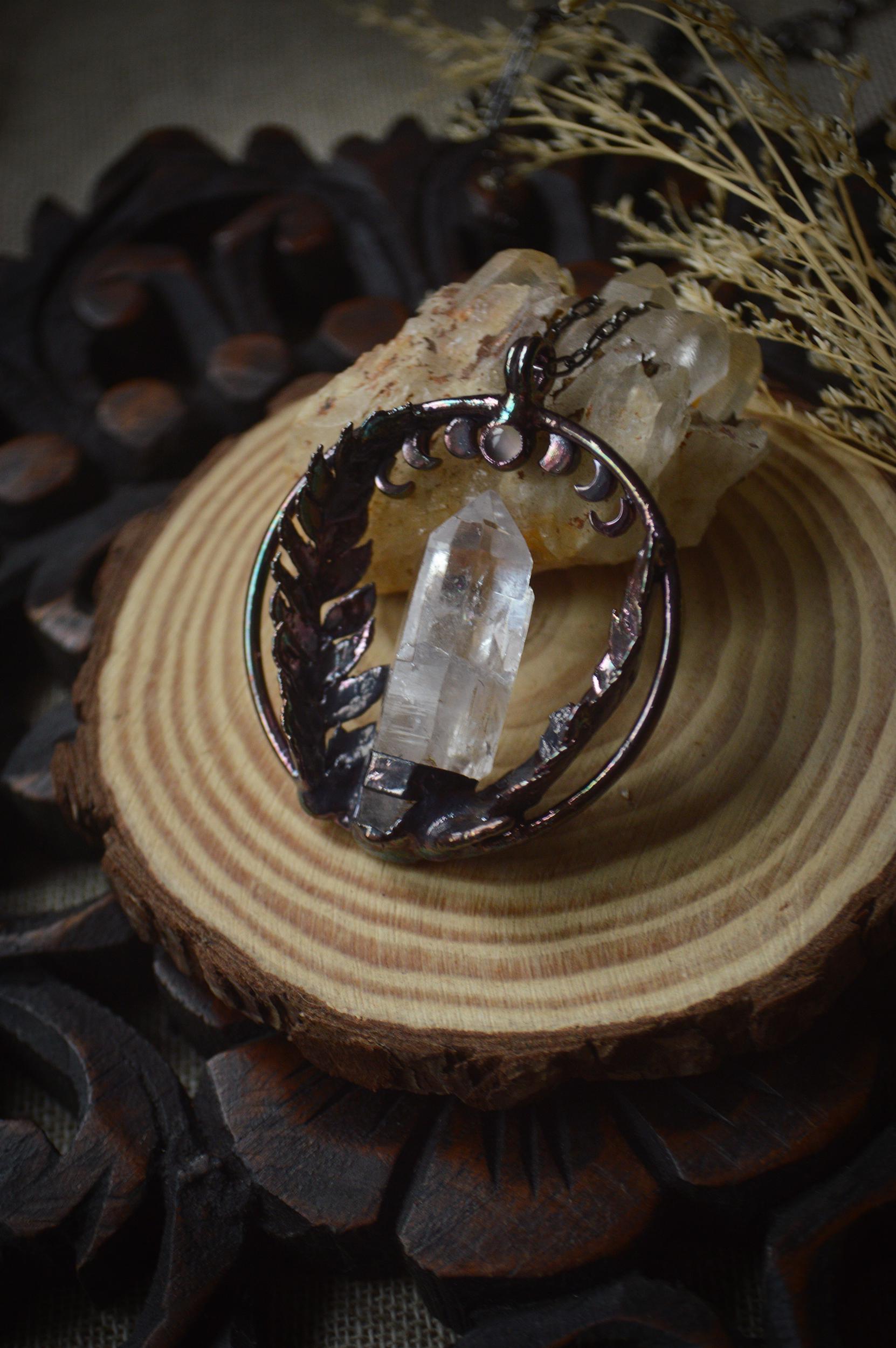 Lunar cycle, real fern leaf necklace with raw quartz and moonstone, dreamy jewellery