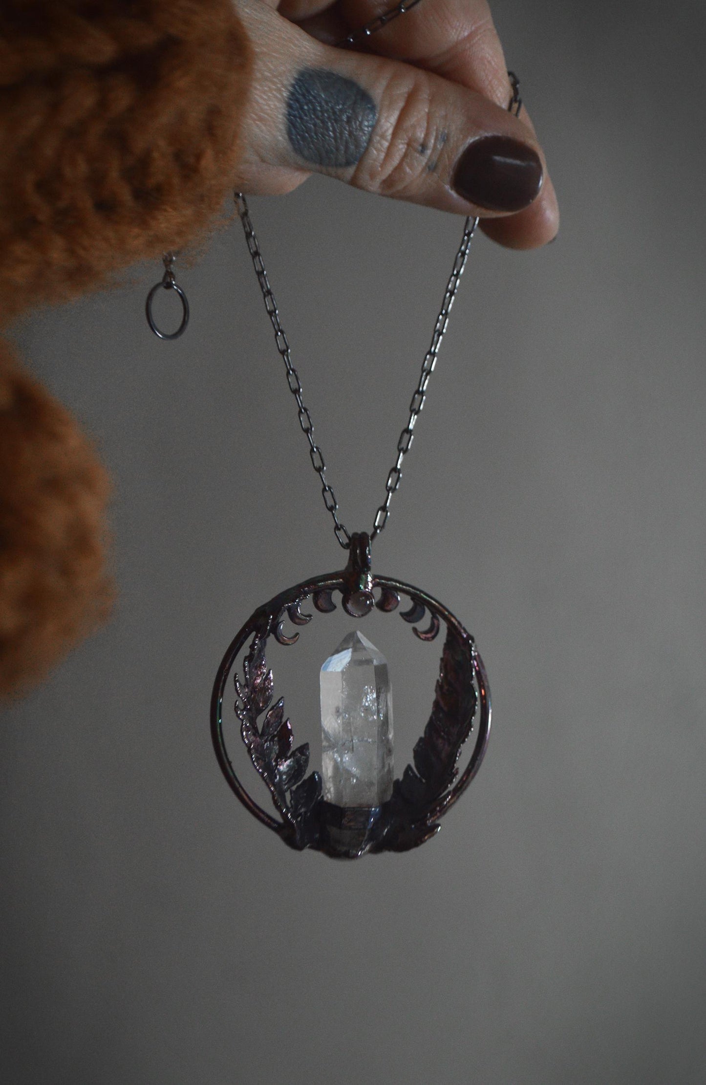 Lunar cycle, real fern leaf necklace with raw quartz and moonstone, dreamy jewellery