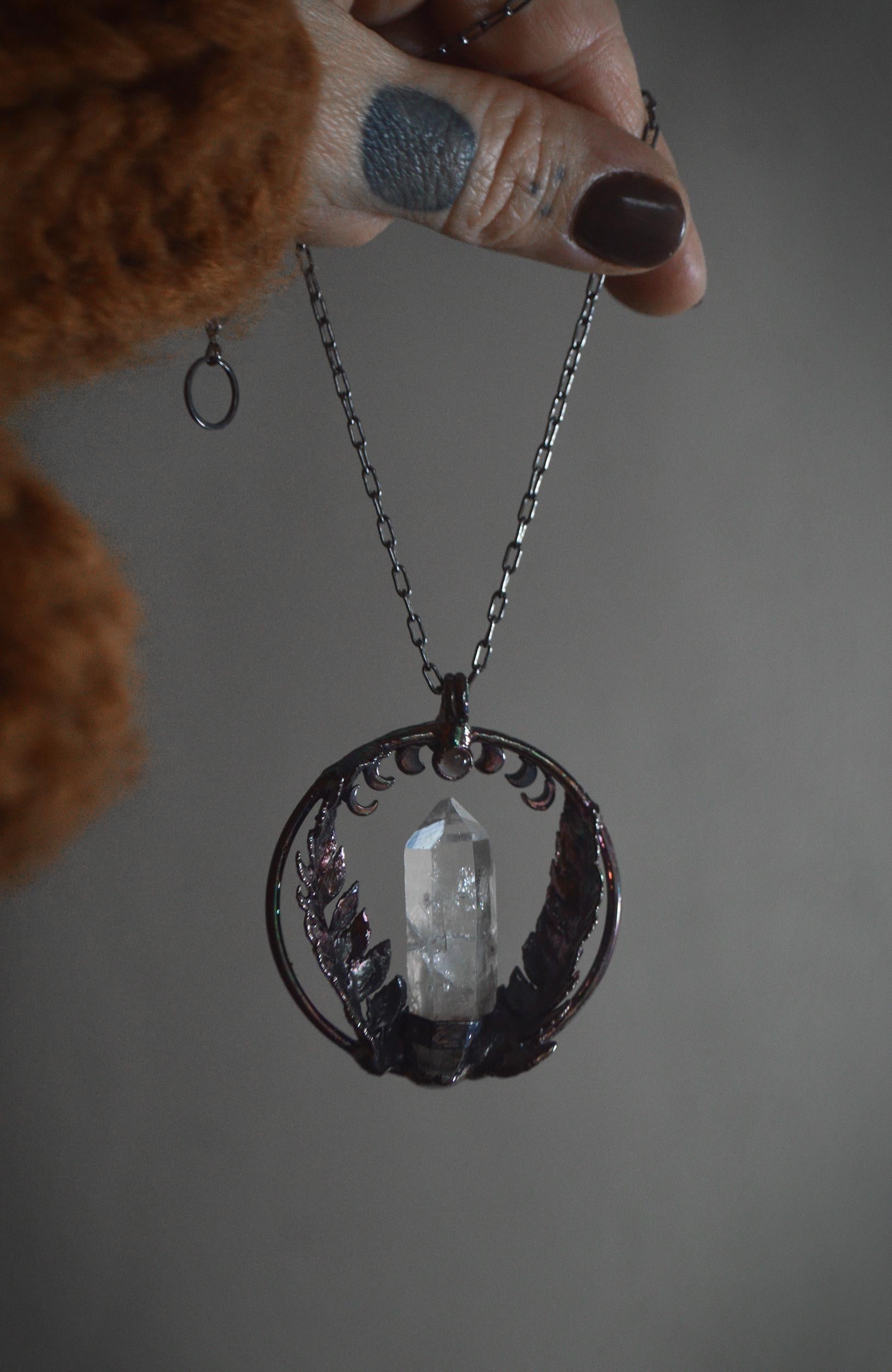 Lunar cycle, real fern leaf necklace with raw quartz and moonstone, dreamy jewellery