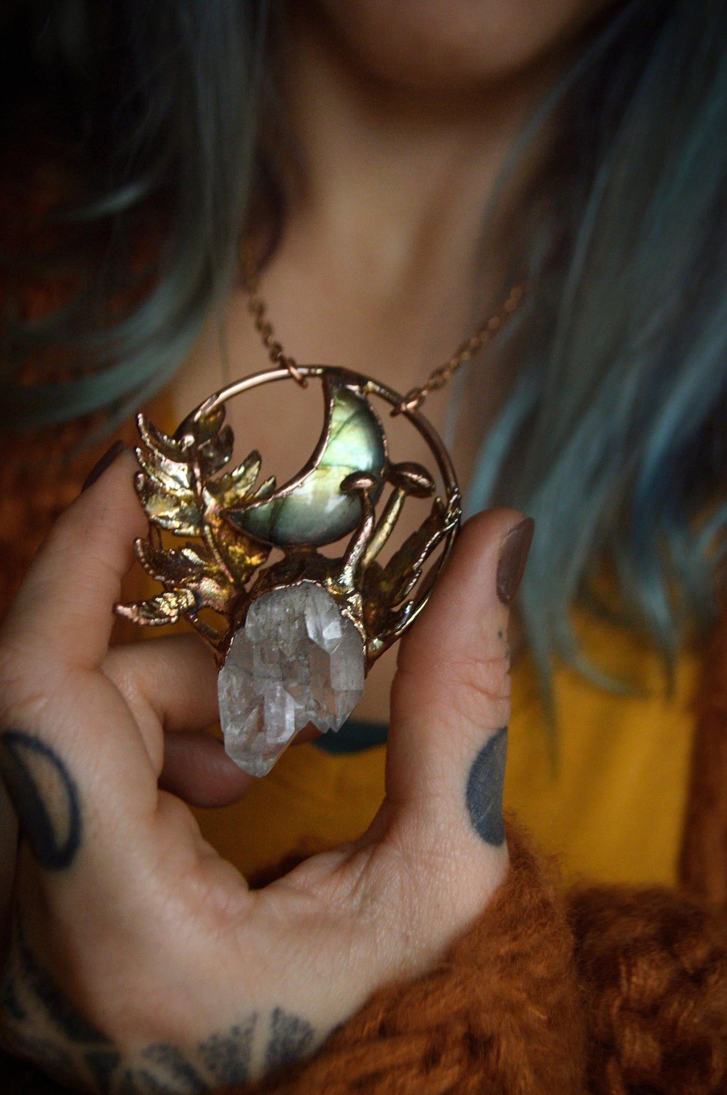 Labradorite Moon sculptural pendant with raw quartz, fern and mushrooms