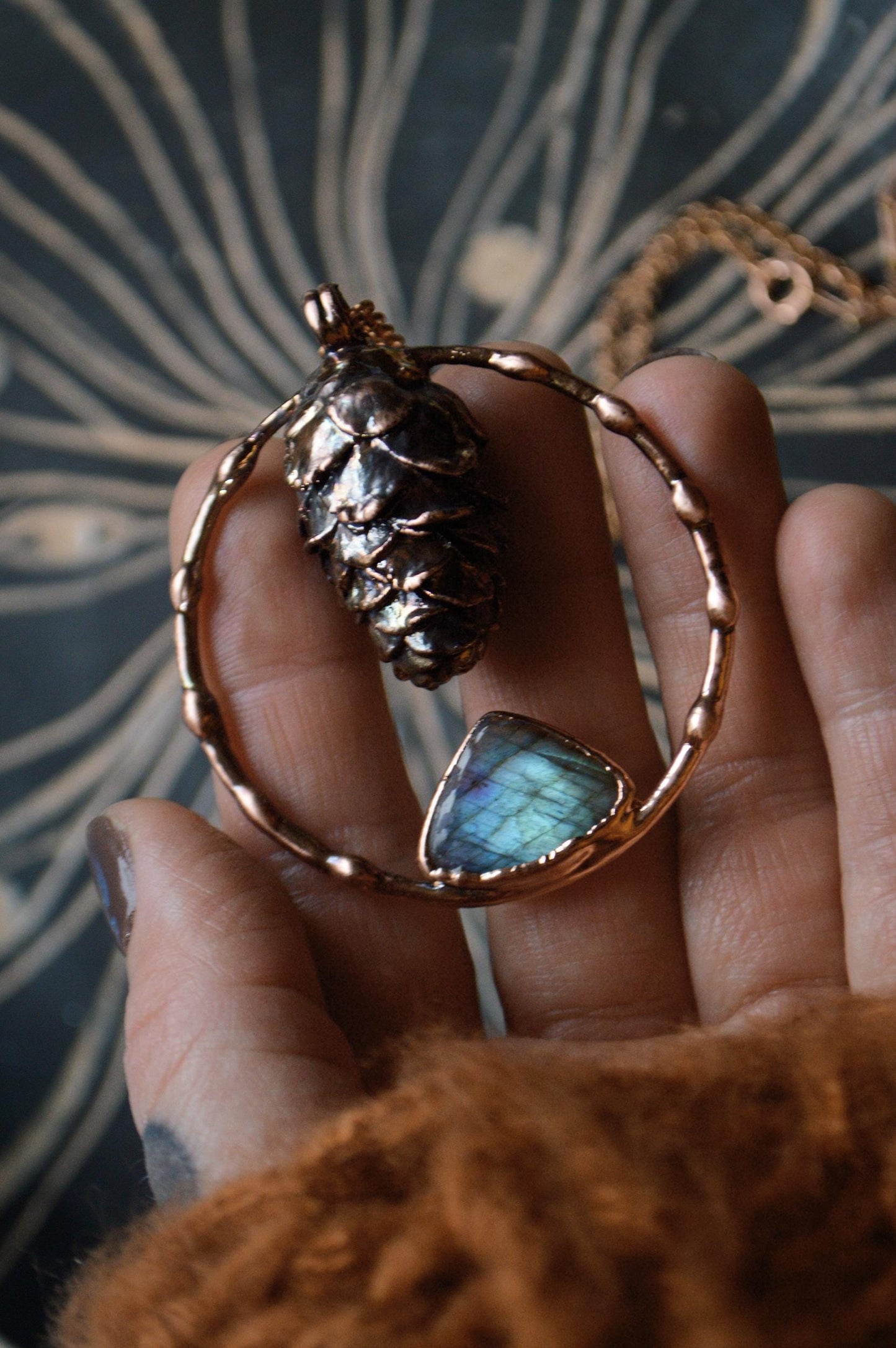 Real pinecone formed in copper pendant with blue labradorite, Christmas gift for her