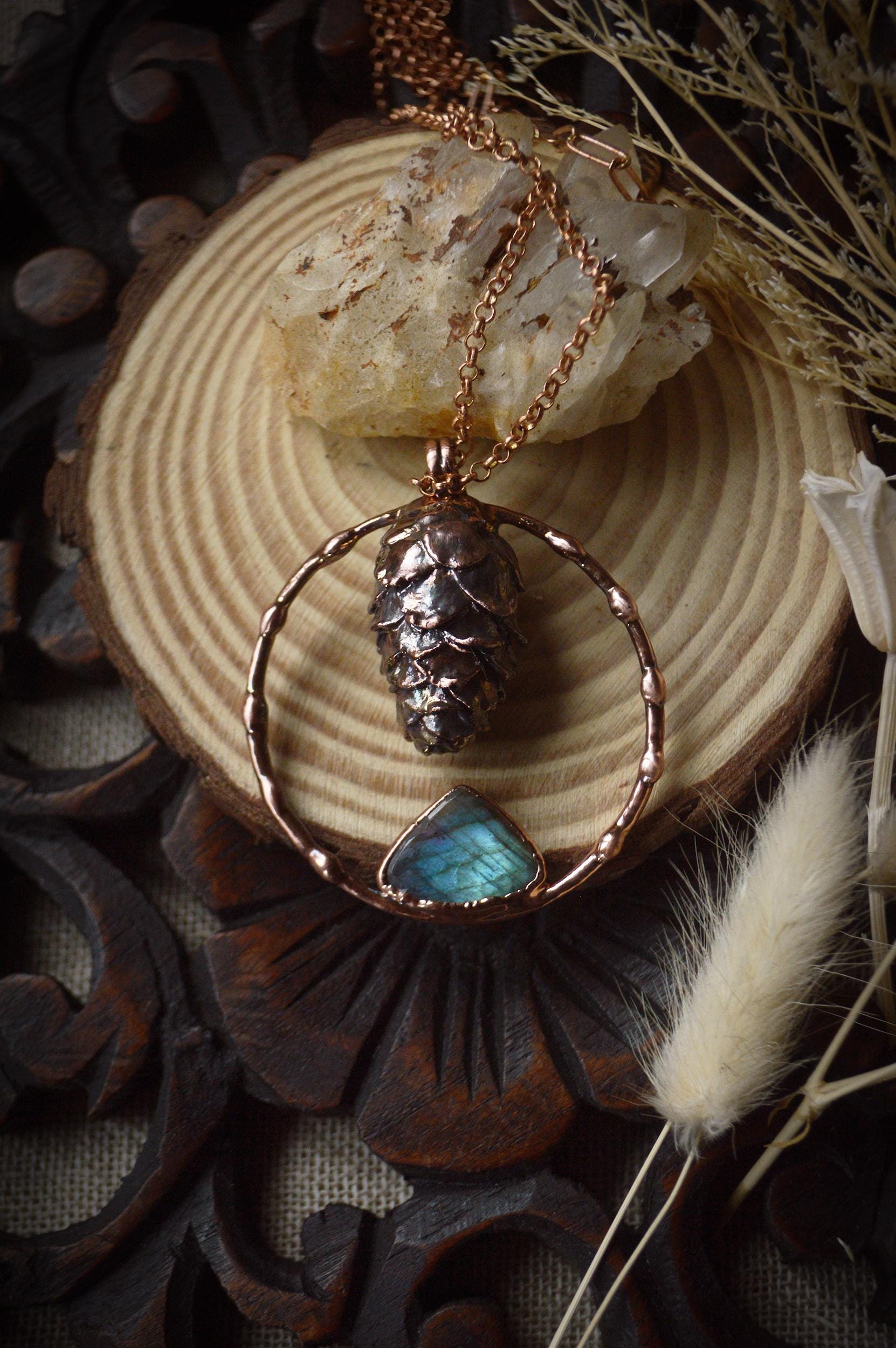 Real pinecone formed in copper pendant with blue labradorite, Christmas gift for her