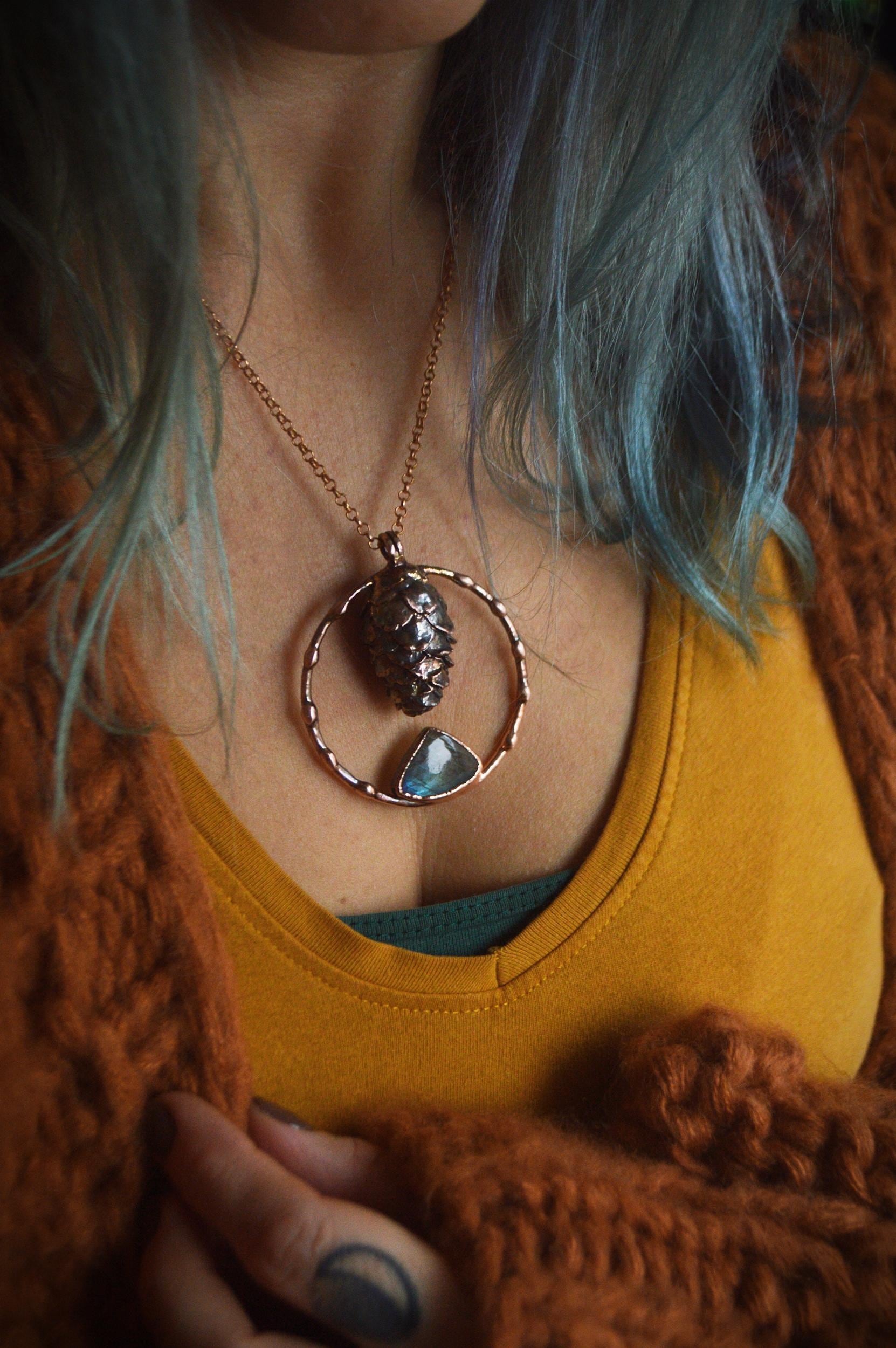 Real pinecone formed in copper pendant with blue labradorite, Christmas gift for her