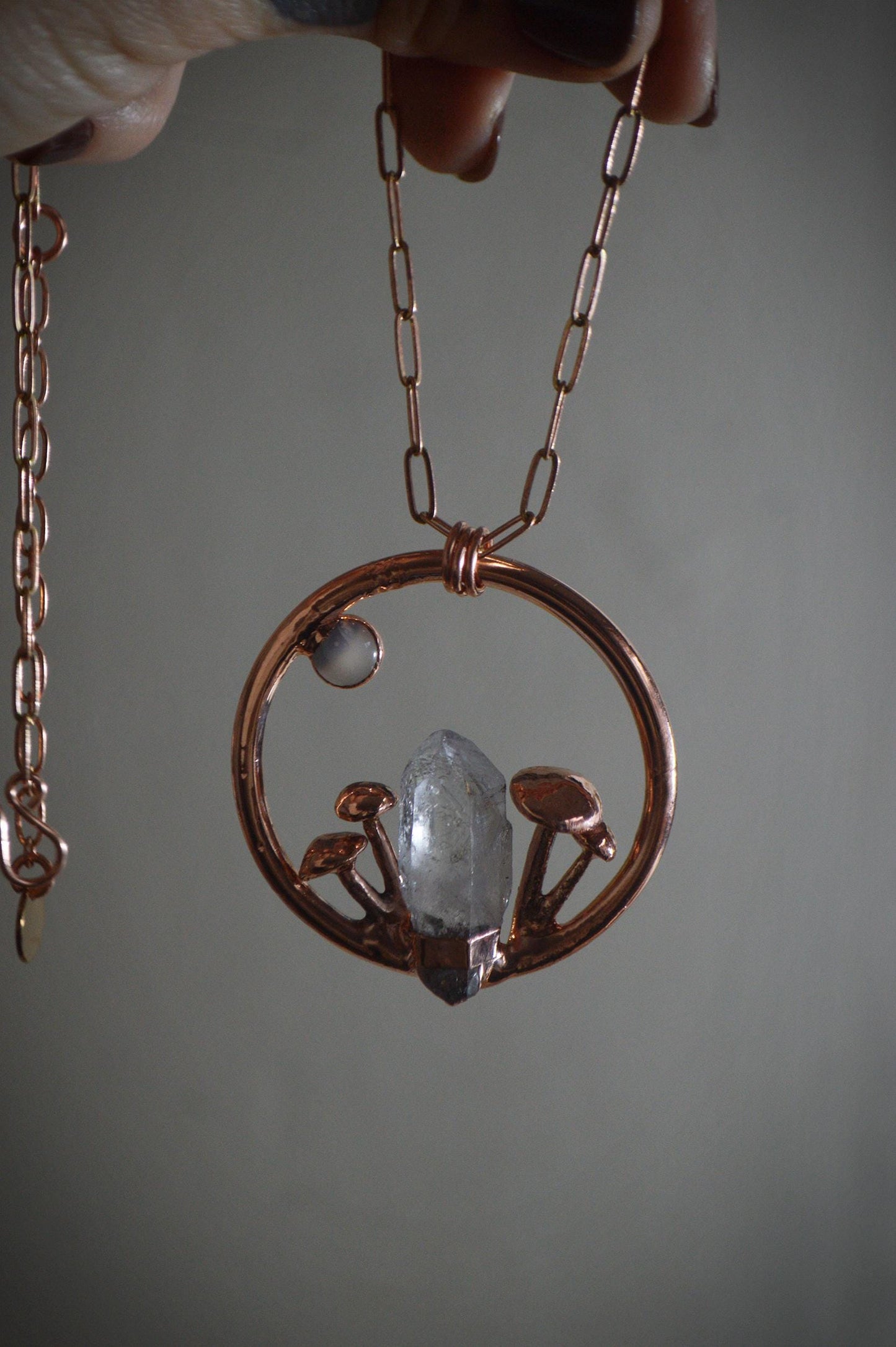 Raw crystal quartz statement mushroom pendant with grey moonstone