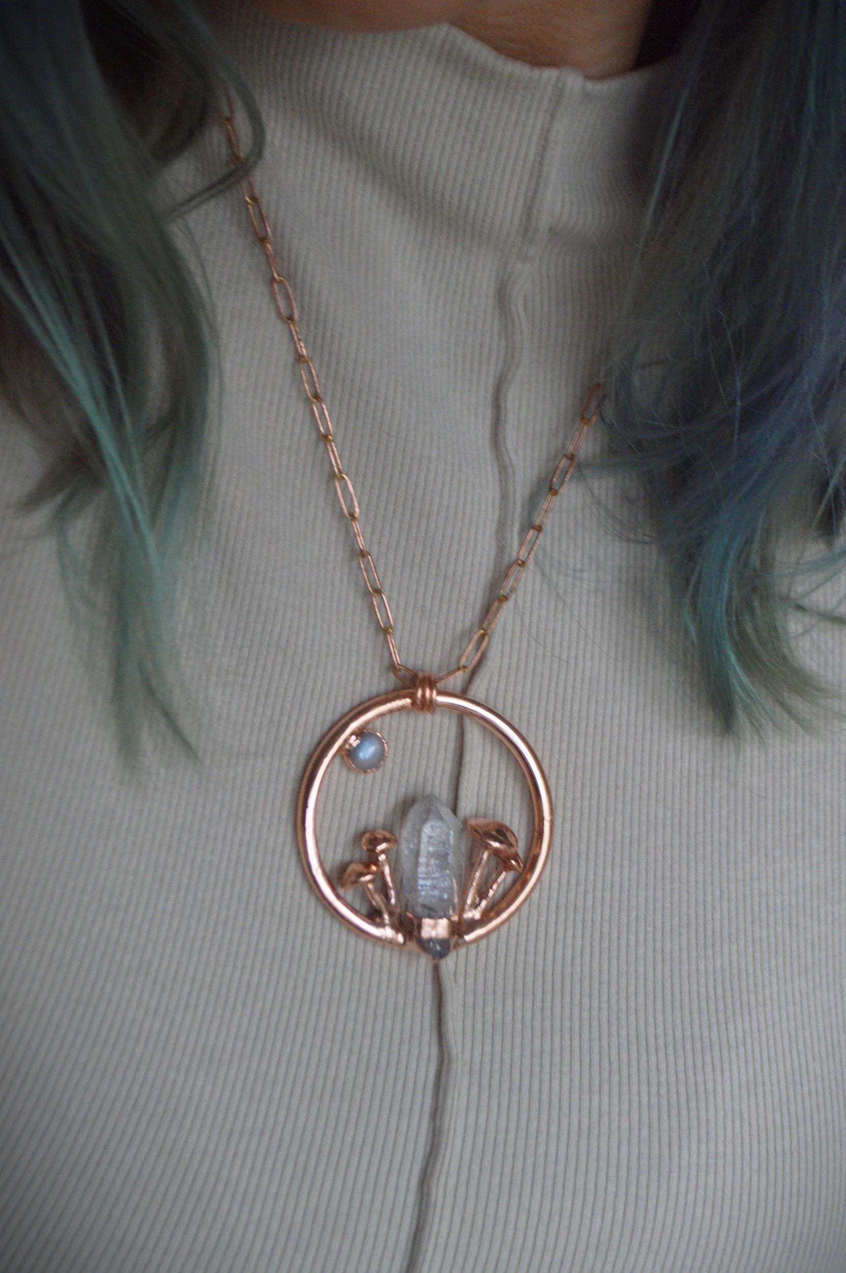 Raw crystal quartz statement mushroom pendant with grey moonstone