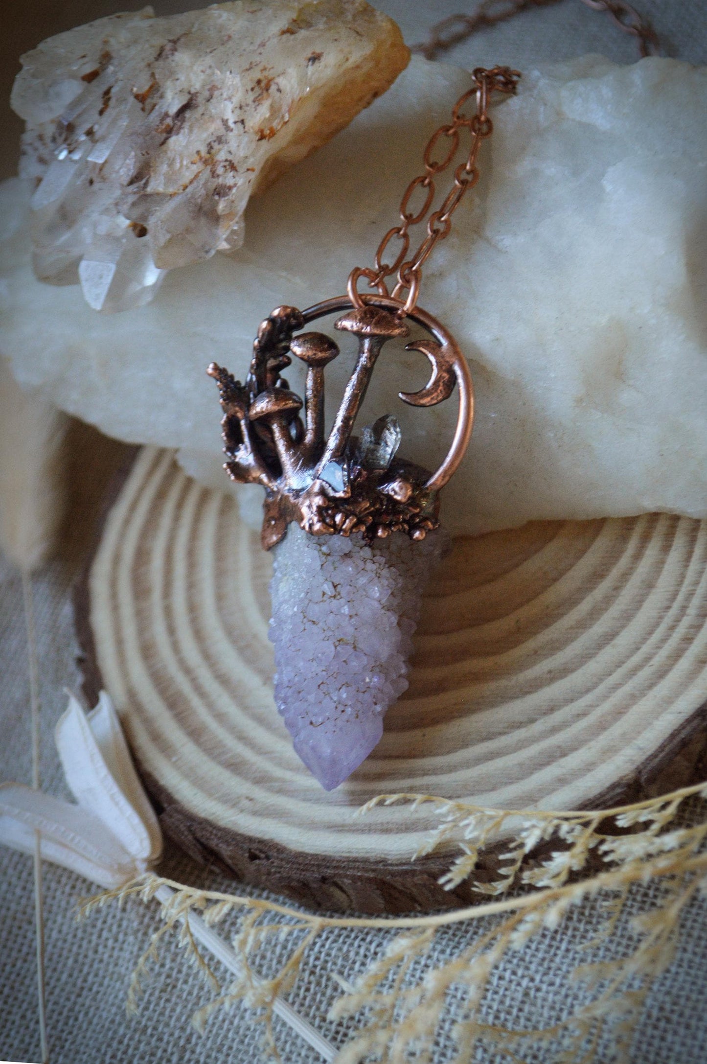 Whimsical fairy quartz tower, mini landscape pendant with tiny moon and mushrooms