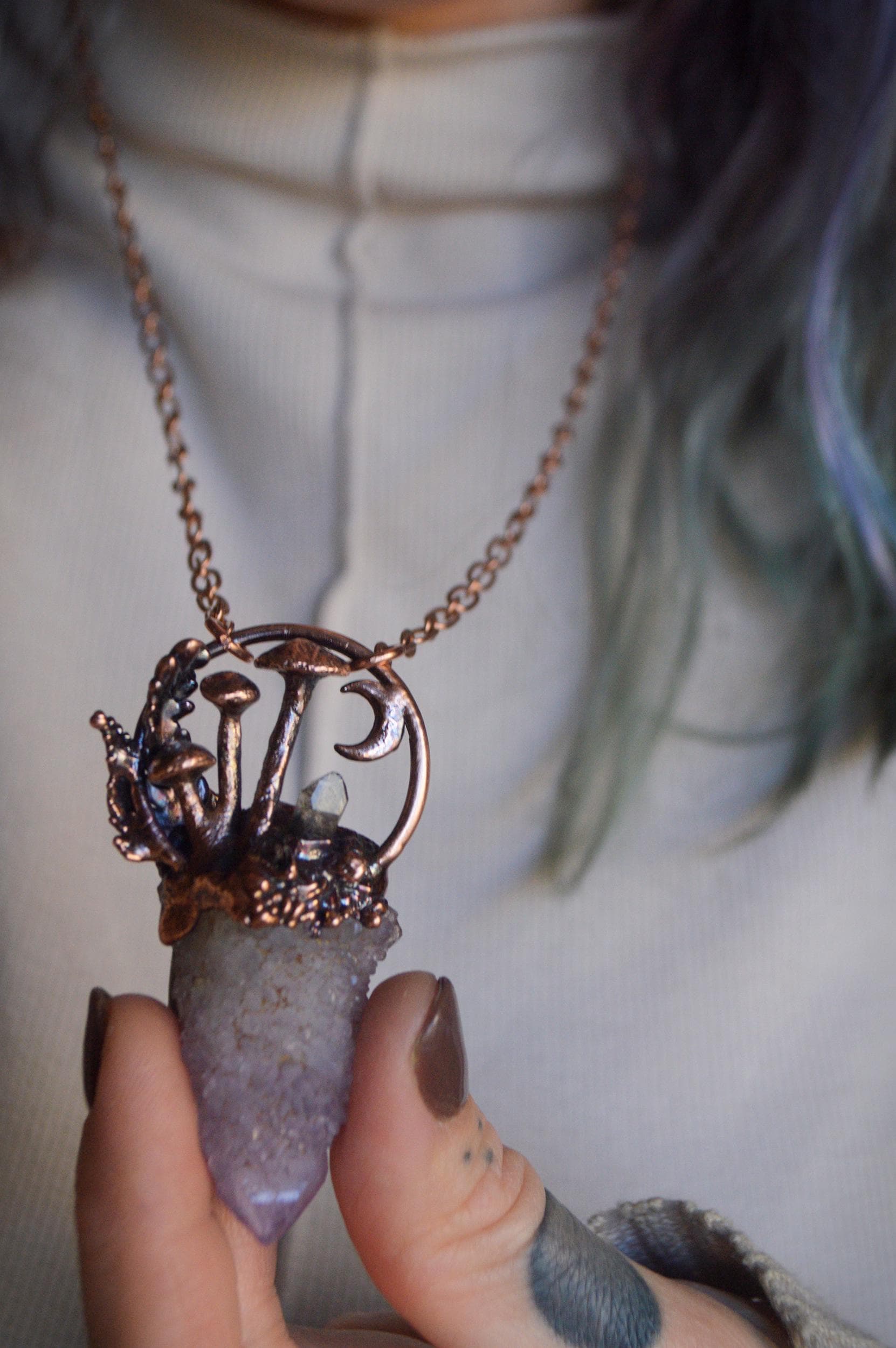 Whimsical fairy quartz tower, mini landscape pendant with tiny moon and mushrooms