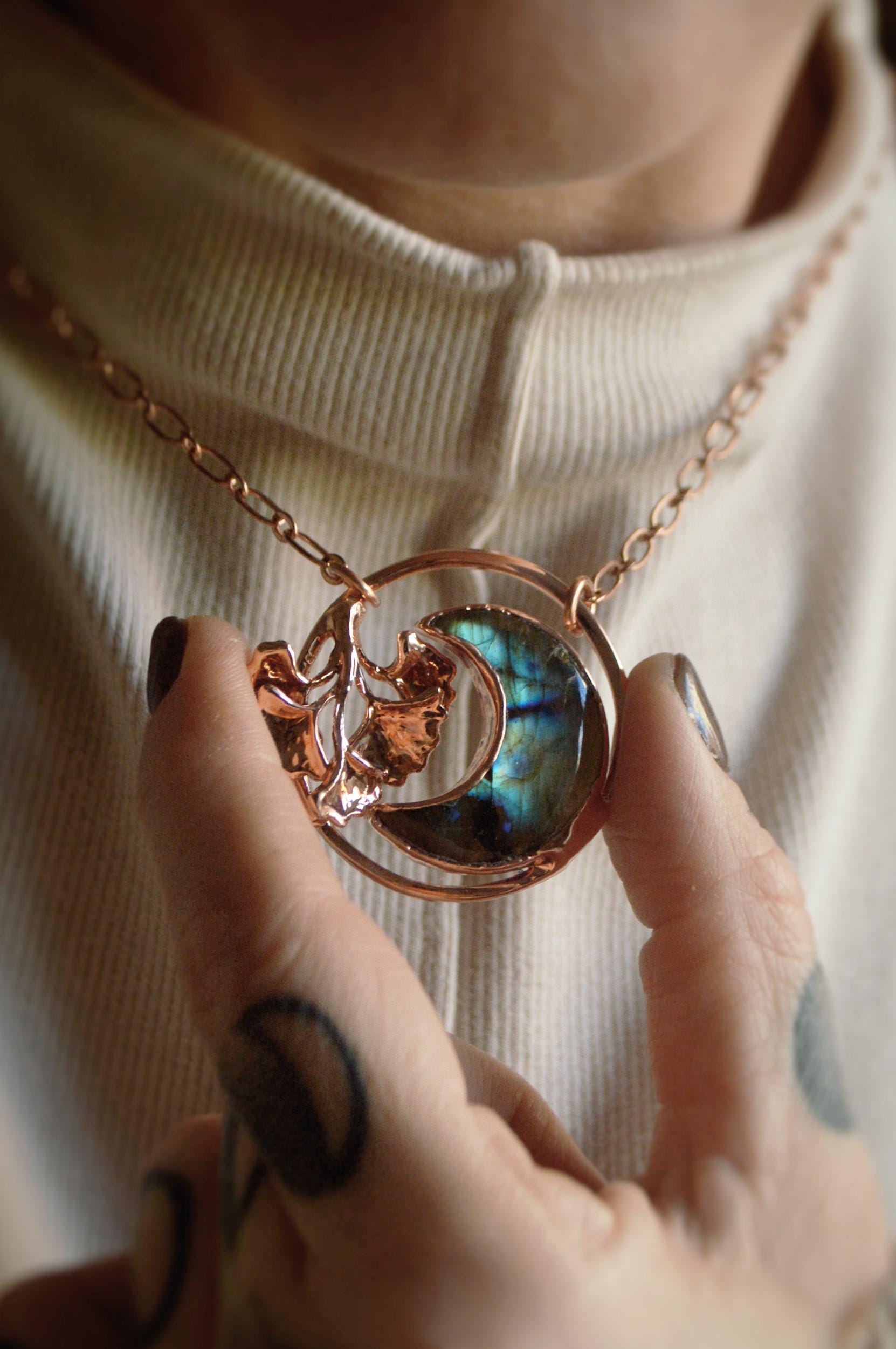 Dreamy necklace with blue labradorite moon and miniature gingko leaves