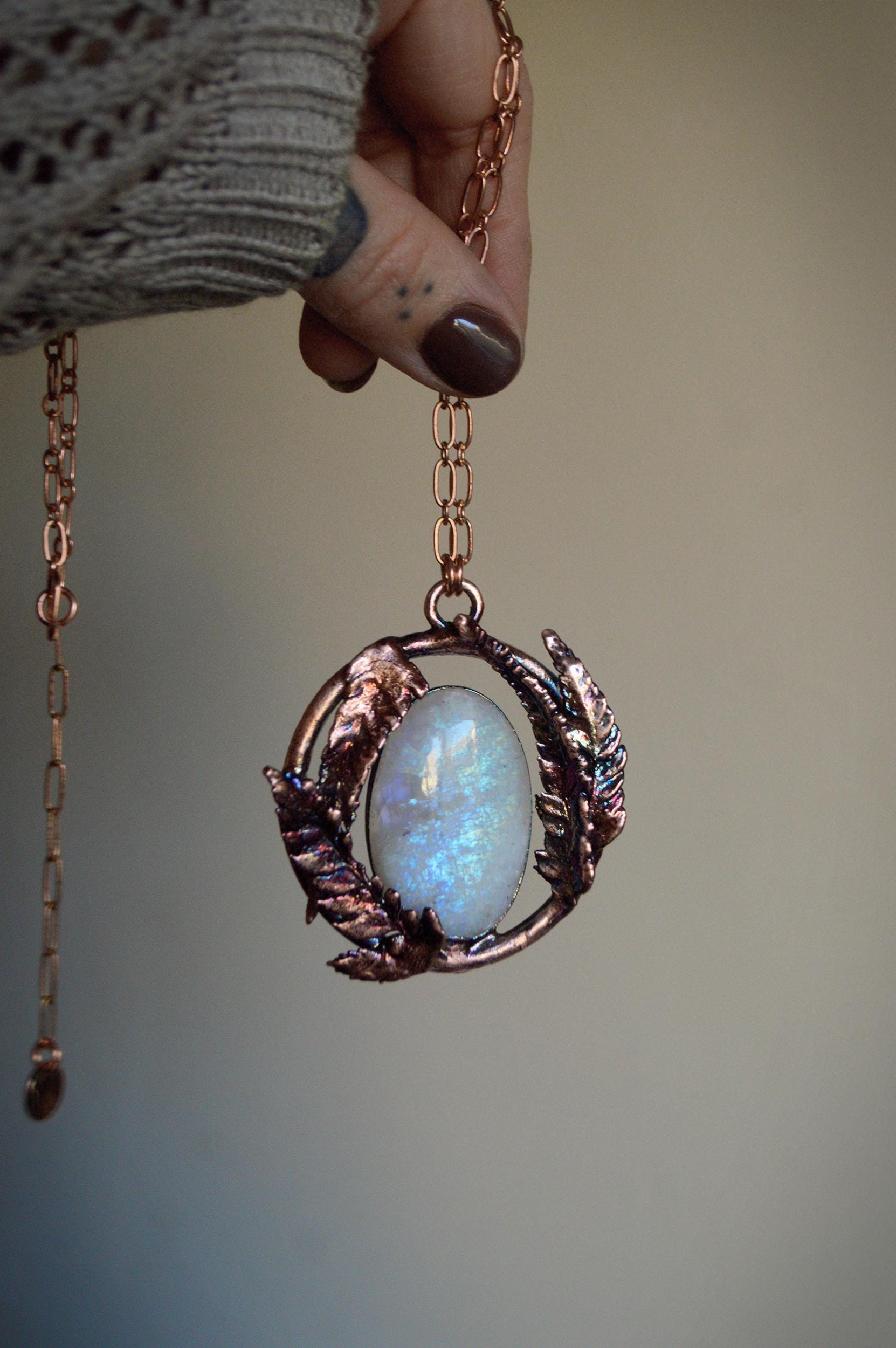 Statement rainbow moonstone pendant with real ferns. Botanical, boho wedding