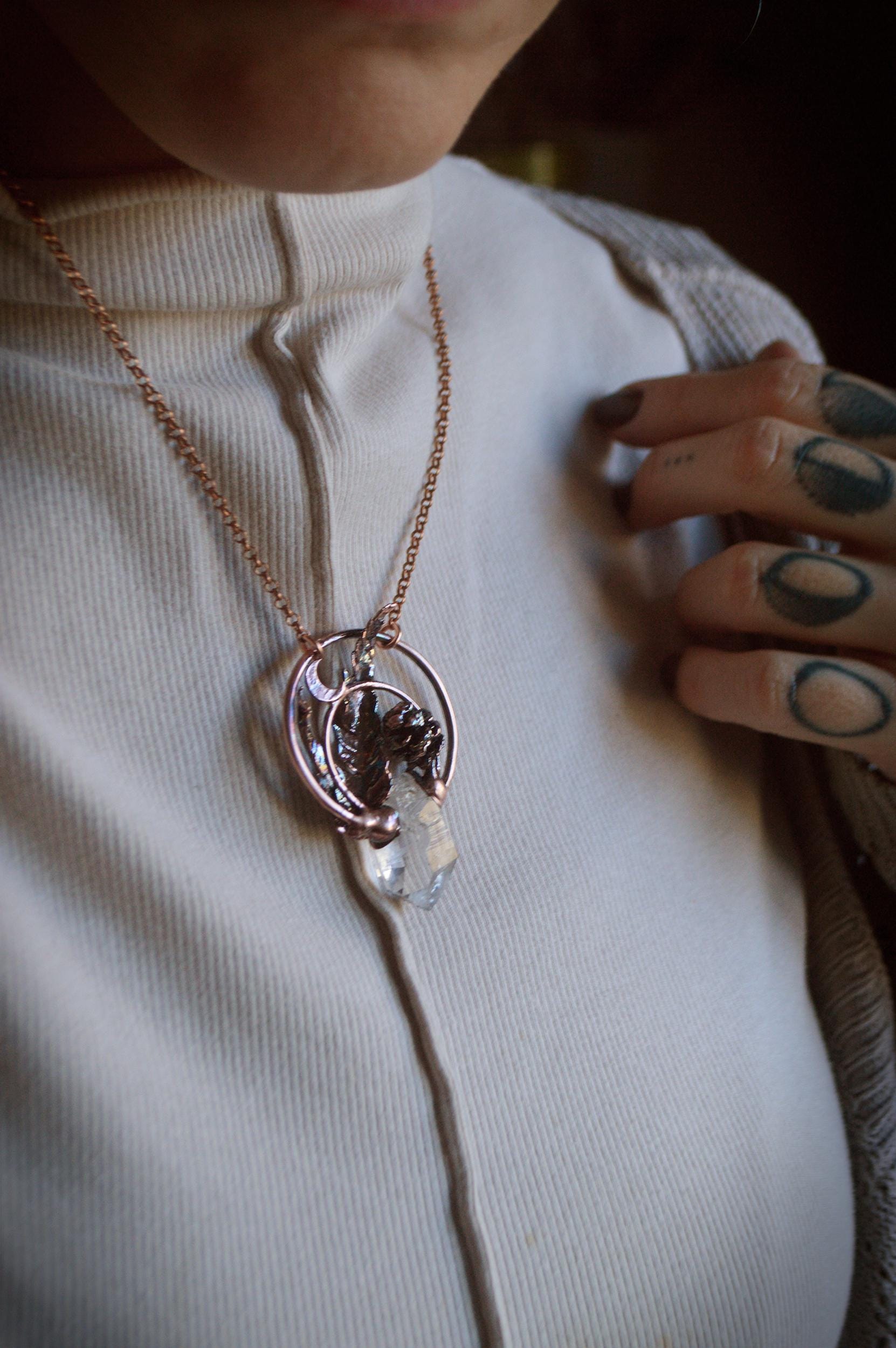 Real pinecone and fern necklace with raw quartz shard and crescent moon