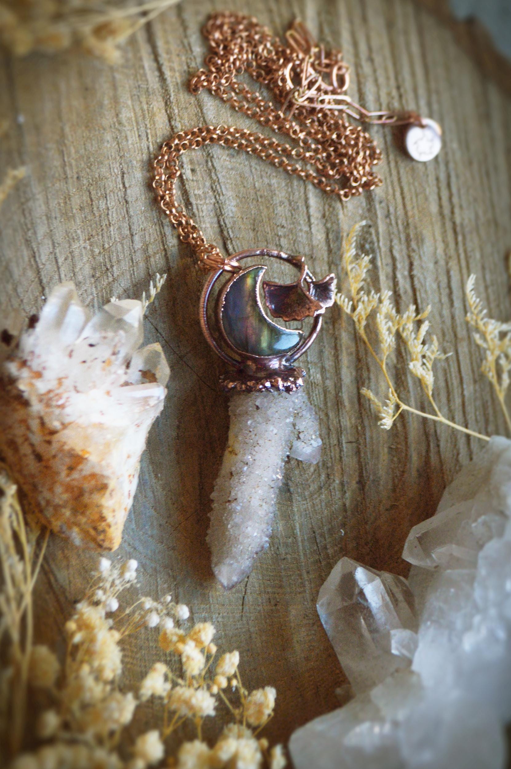 Fairy quartz tower with purple labradorite moon pendant, enchanted copper necklace