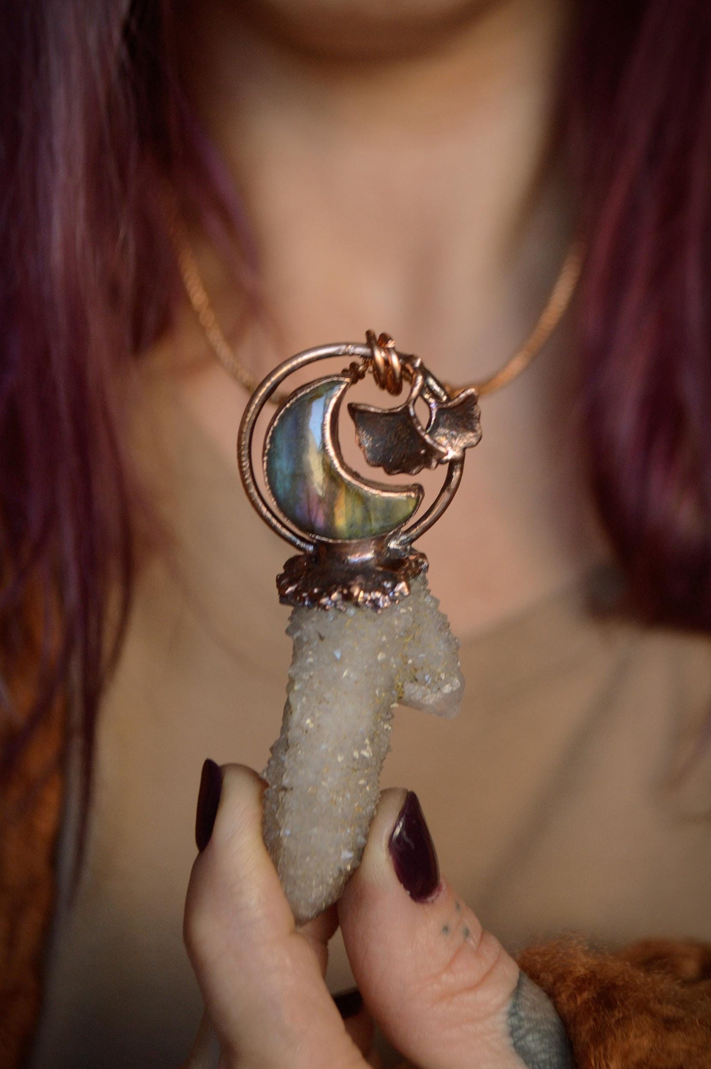 Fairy quartz tower with purple labradorite moon pendant, enchanted copper necklace