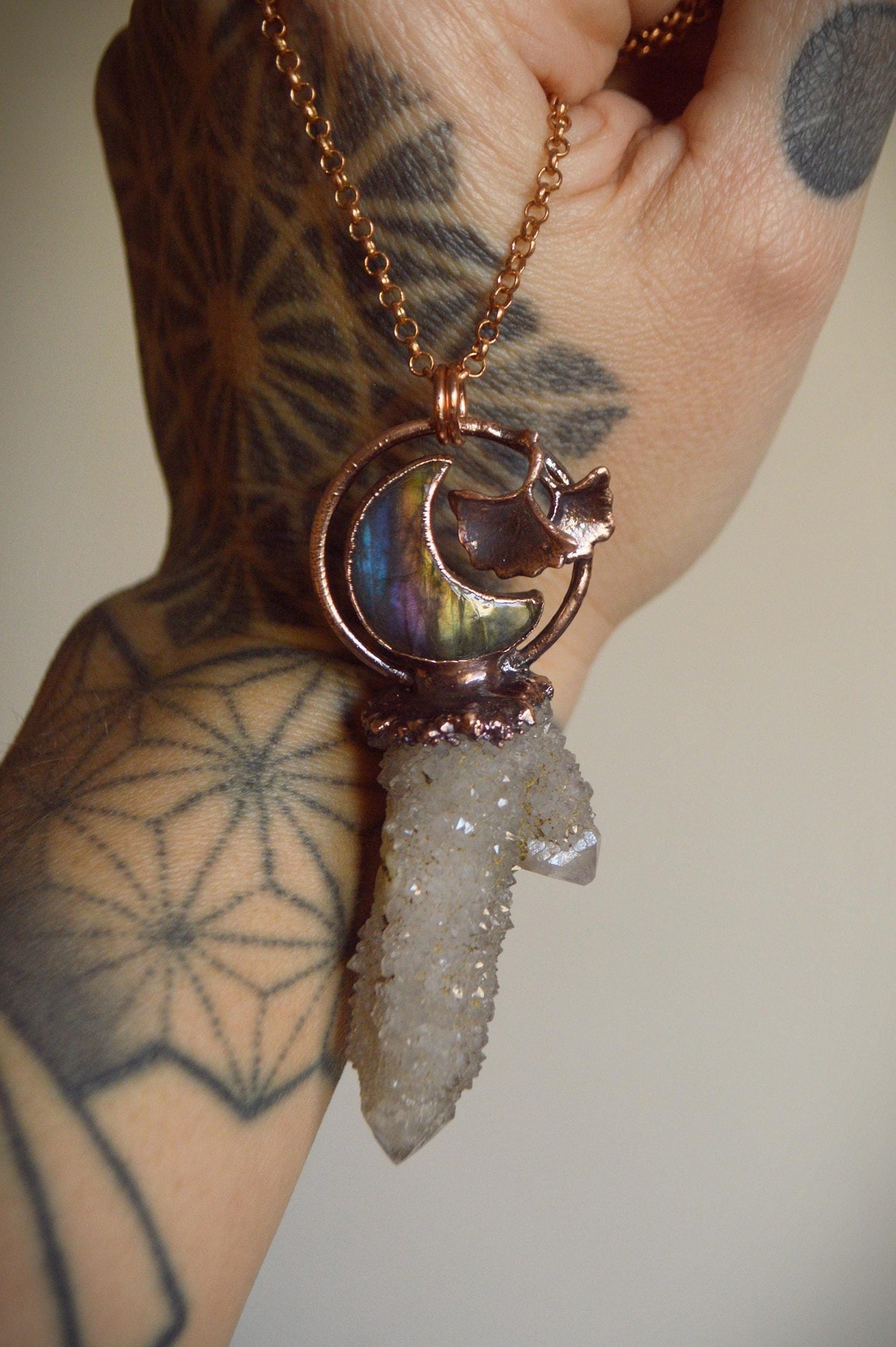 Fairy quartz tower with purple labradorite moon pendant, enchanted copper necklace
