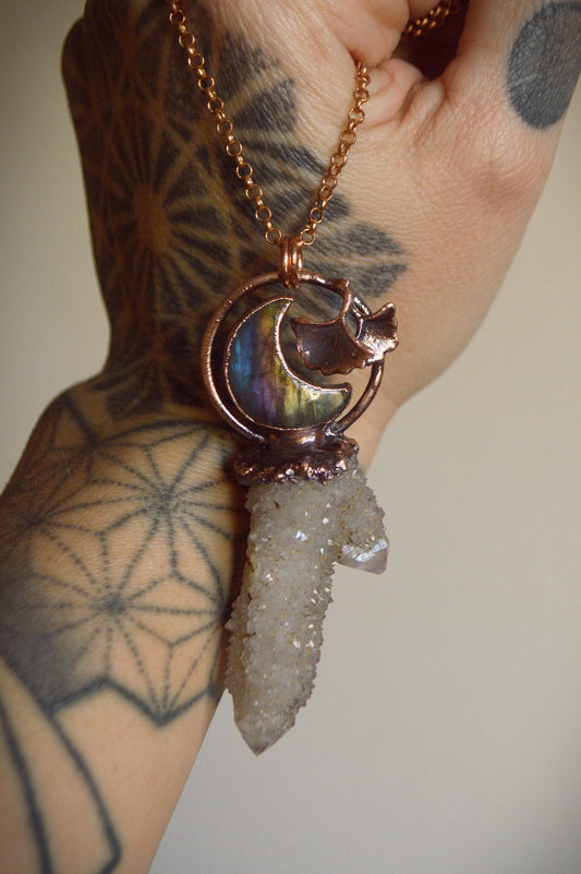 Fairy quartz tower with purple labradorite moon pendant, enchanted copper necklace