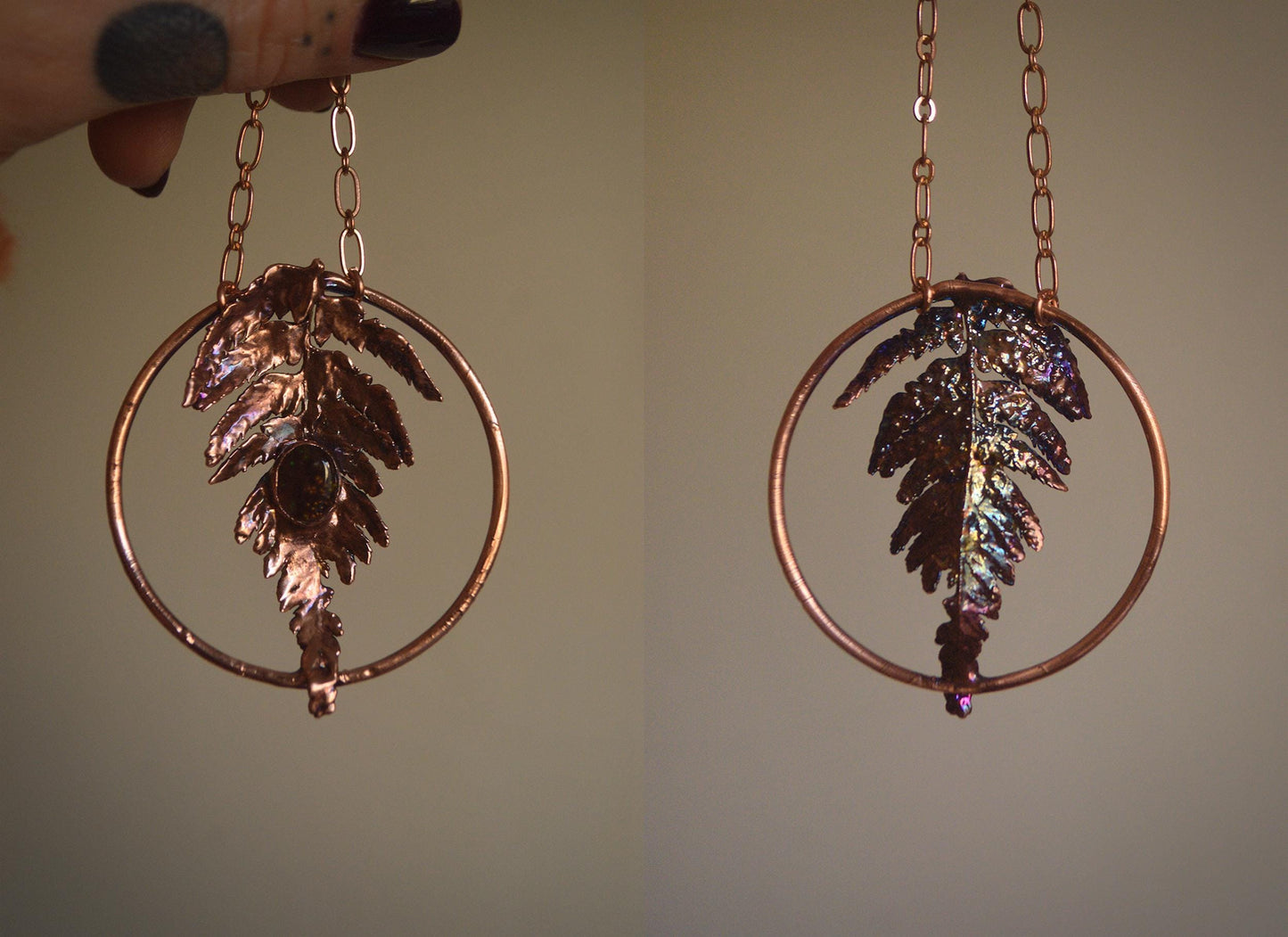 Reversible pendant, real fern with high grade fire agate. Rainbow copper necklace