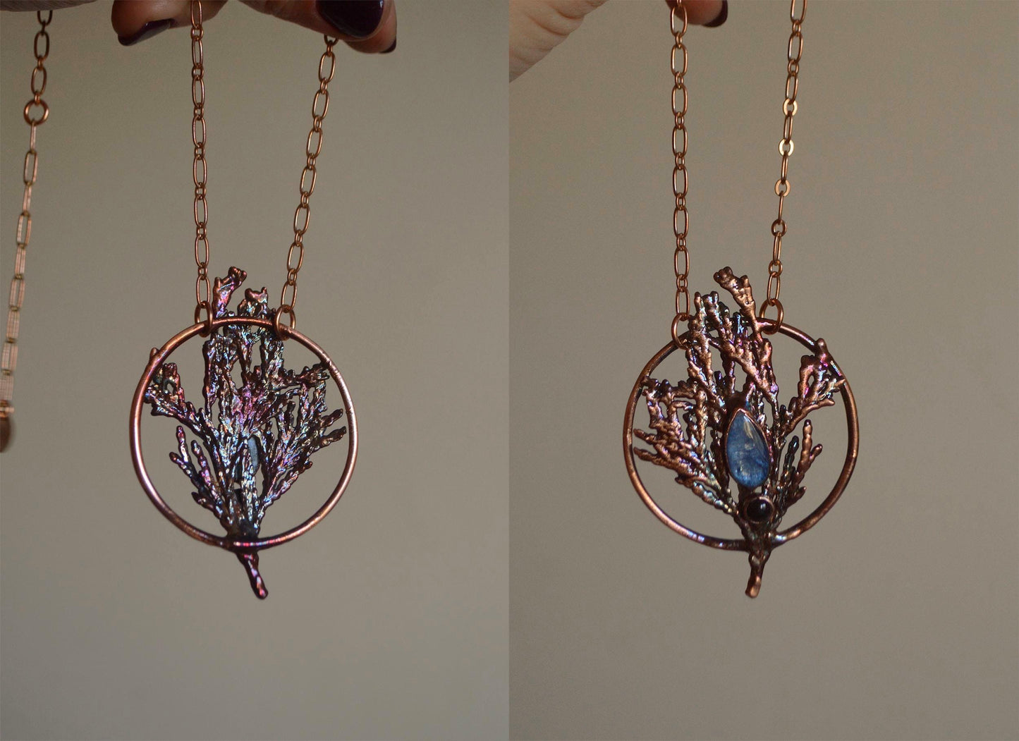 Reversible pendant, Kyanite and black onyx with real pine. Rainbow copper necklace