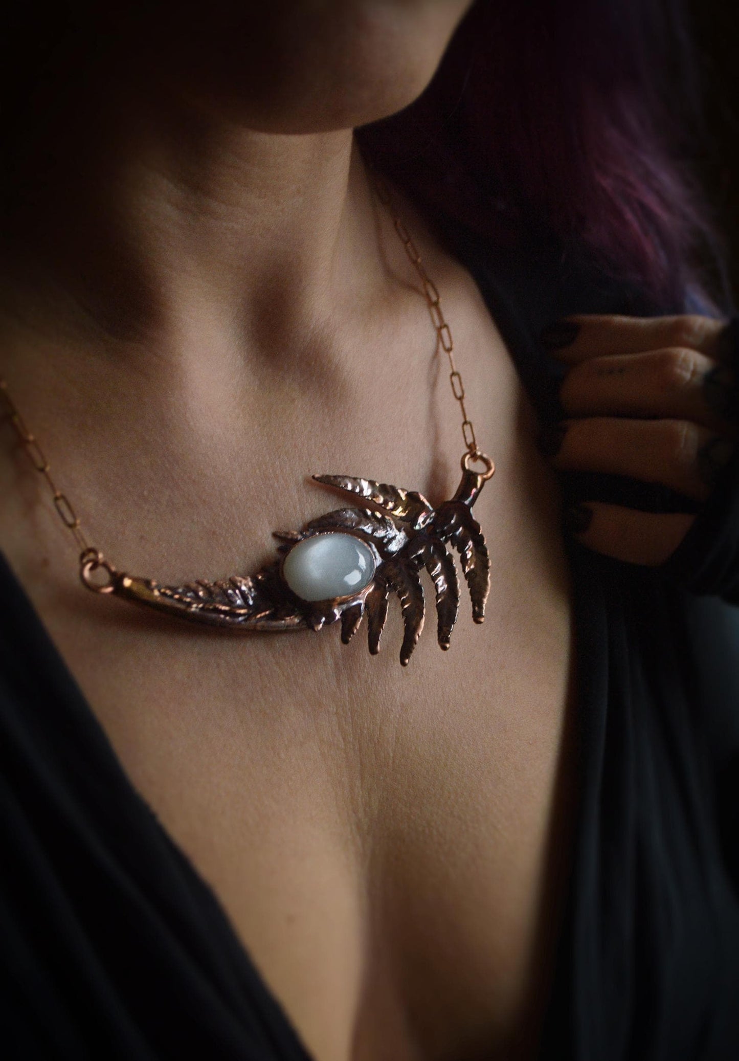 Real fern leaf collar with grey moonstone. Statement botanical necklace