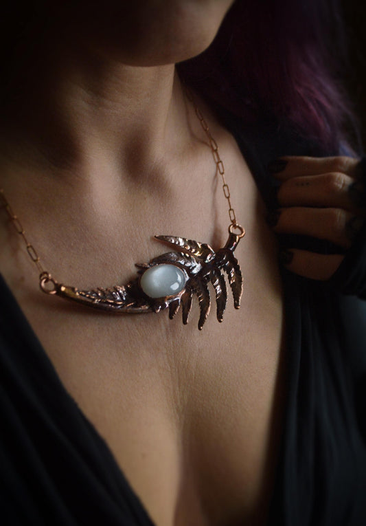 Real fern leaf collar with grey moonstone. Statement botanical necklace