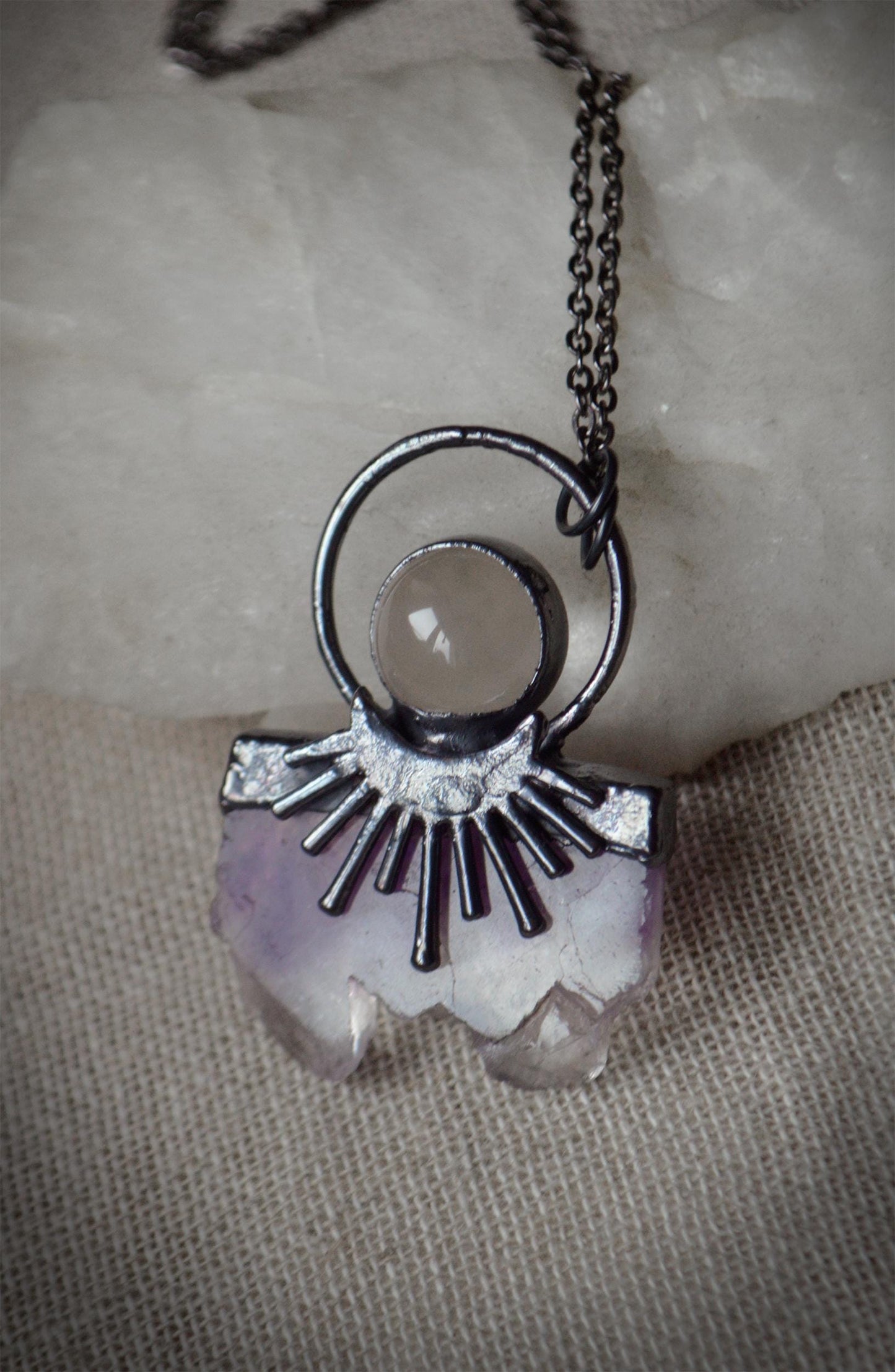 Fern pendant with aura quartz point and amethyst, fairy jewellery