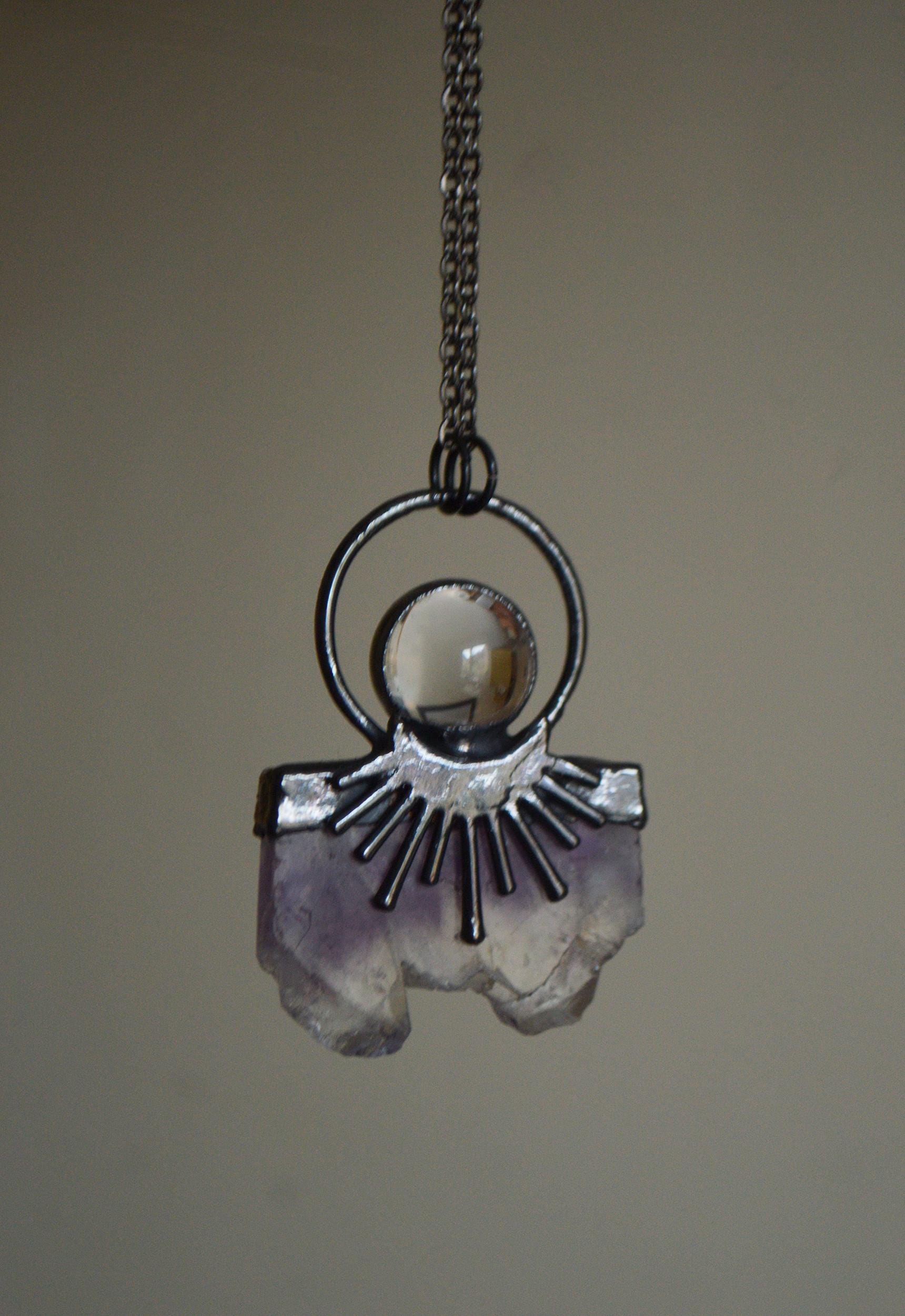 Fern pendant with aura quartz point and amethyst, fairy jewellery