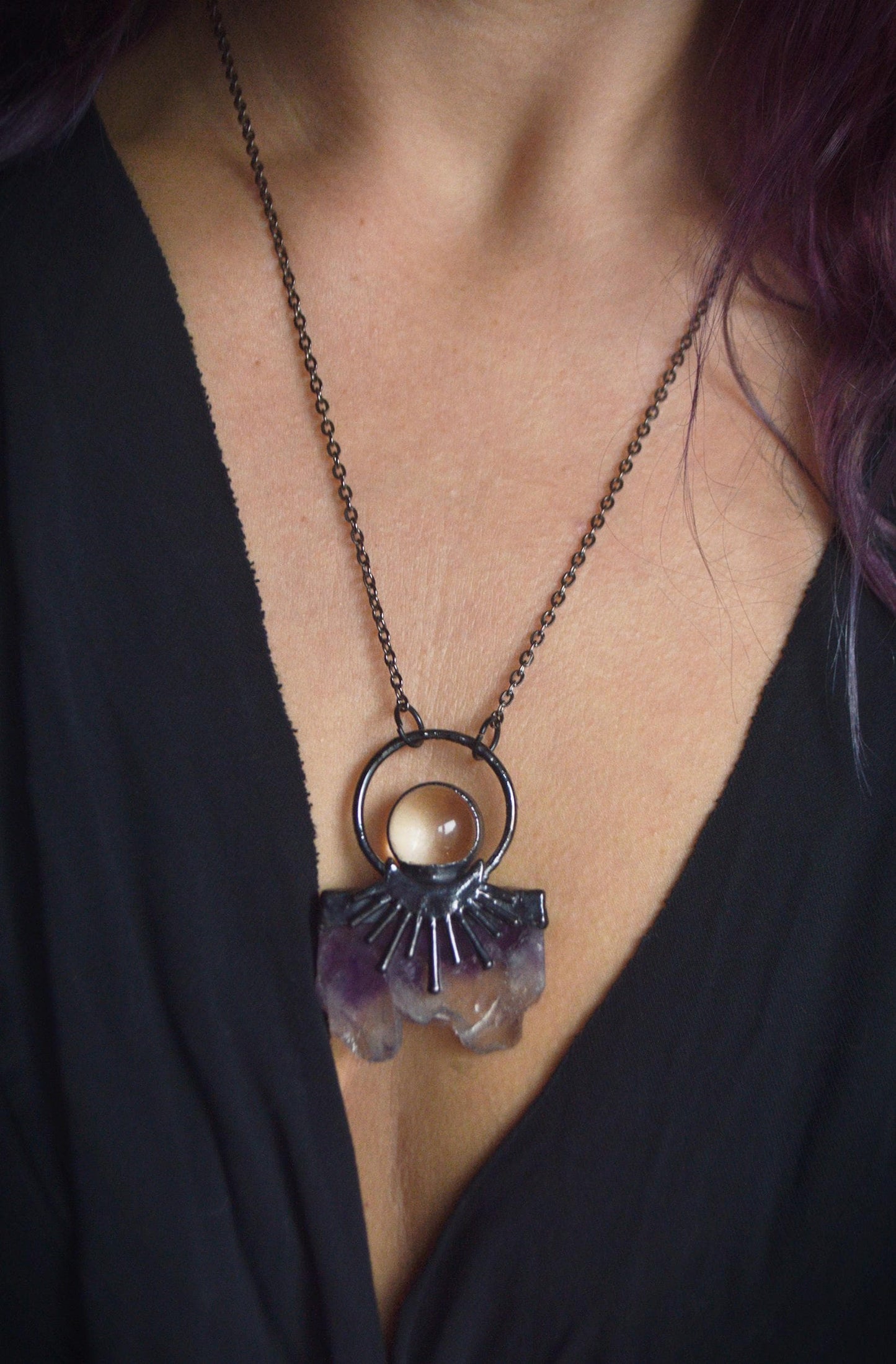 Fern pendant with aura quartz point and amethyst, fairy jewellery