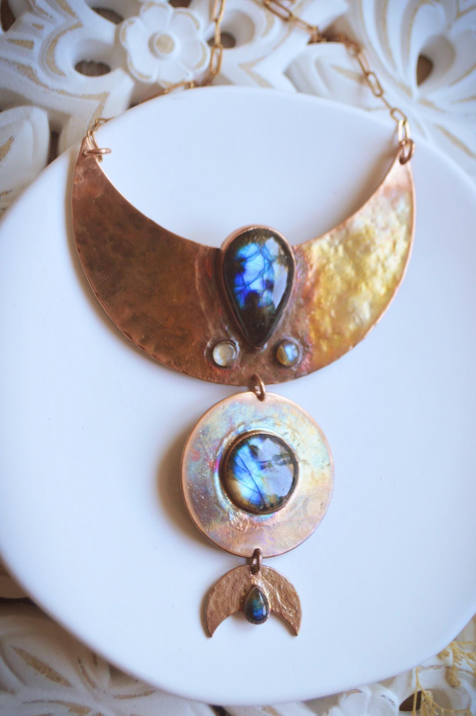 Statement tribal collar with five labradorites, textured copper geometric necklace