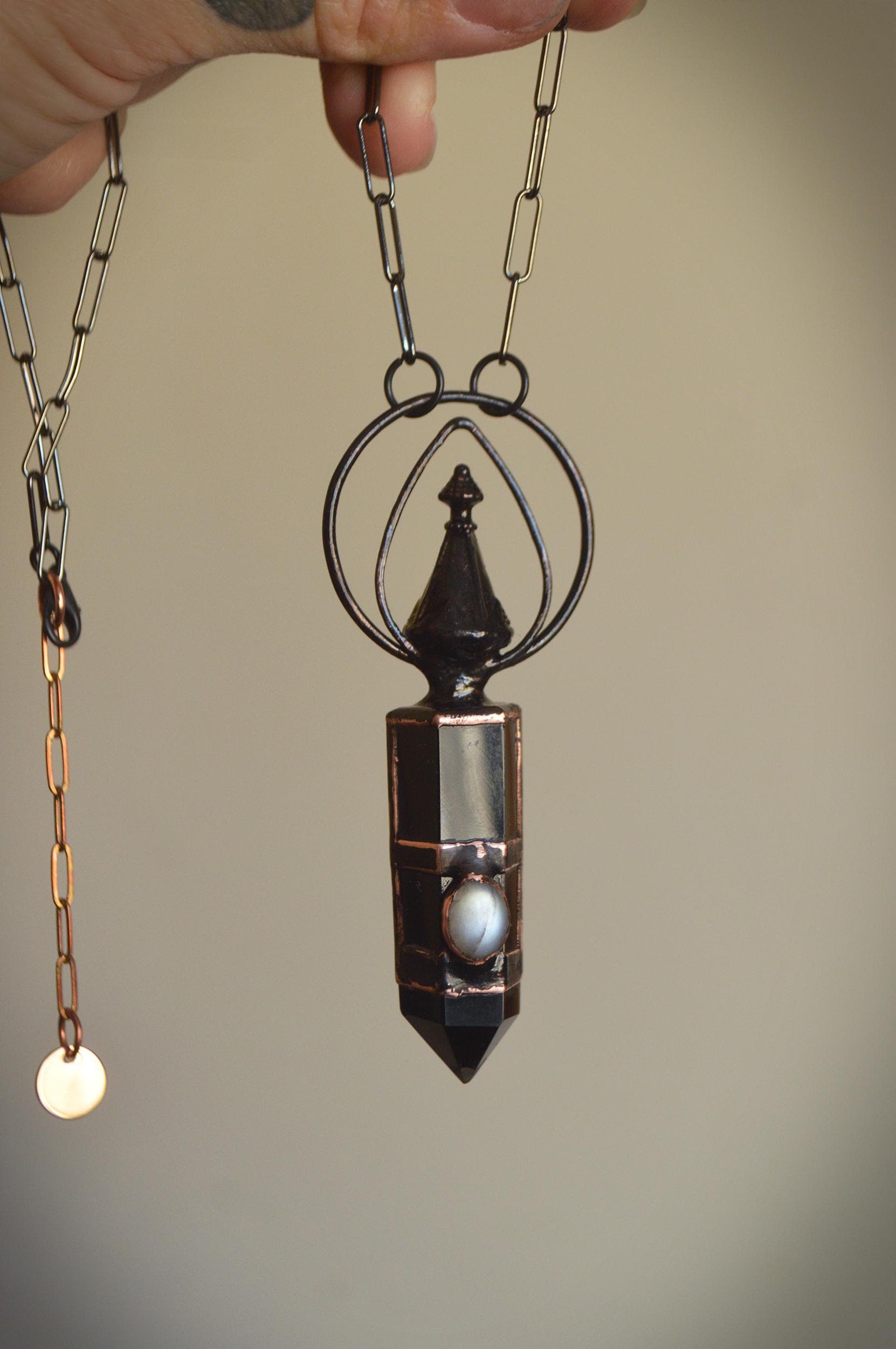 Obsidian point with grey moonstone, statement tribal pendant. Distressed rustic grunge jewellery