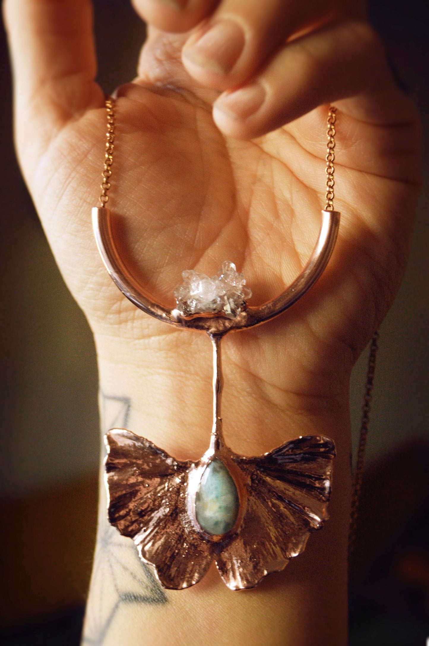Real Gingko leaf with Larimar and quartz cluster electroformed in copper. Boho gifts for her
