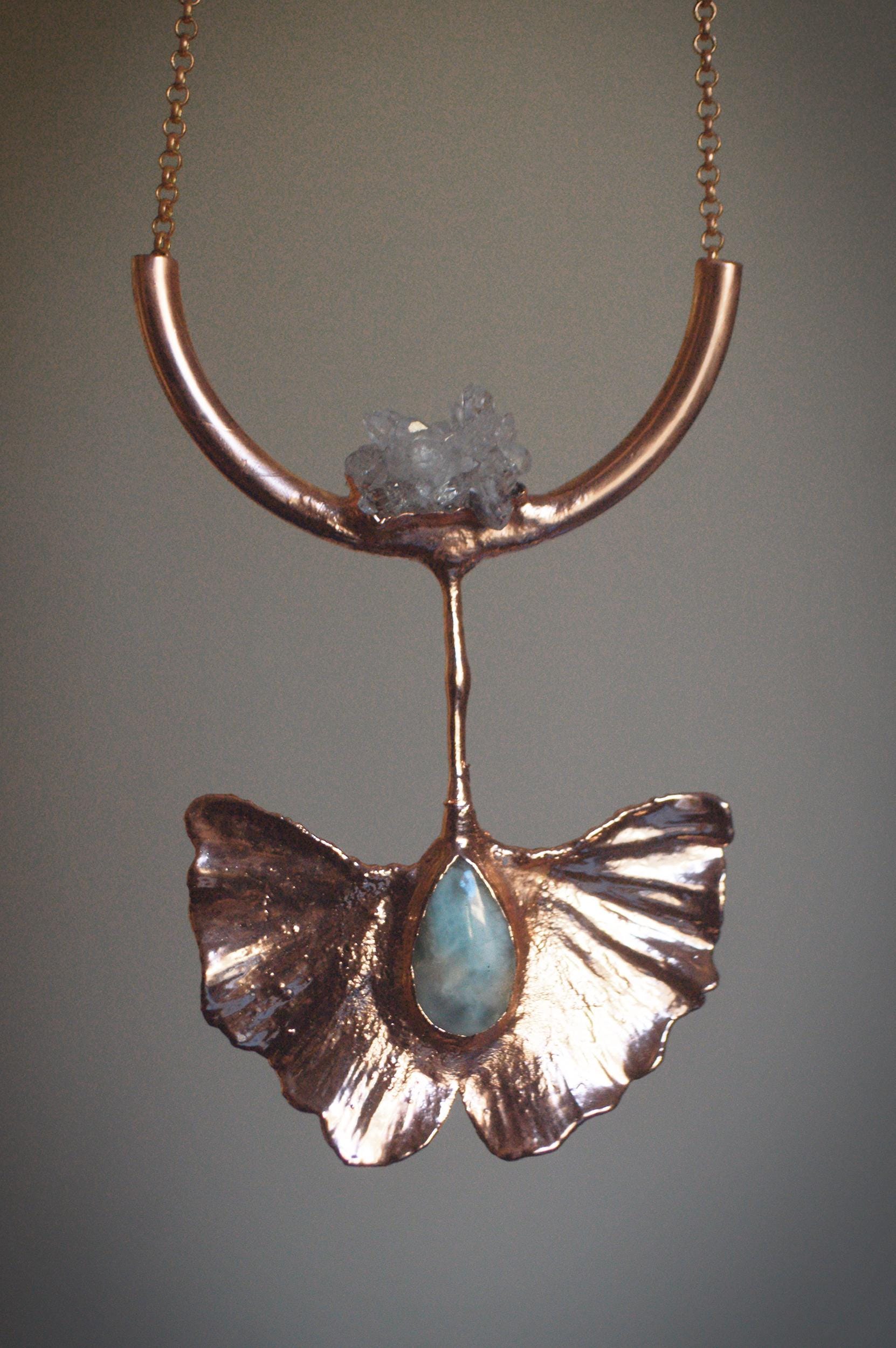 Real Gingko leaf with Larimar and quartz cluster electroformed in copper. Boho gifts for her