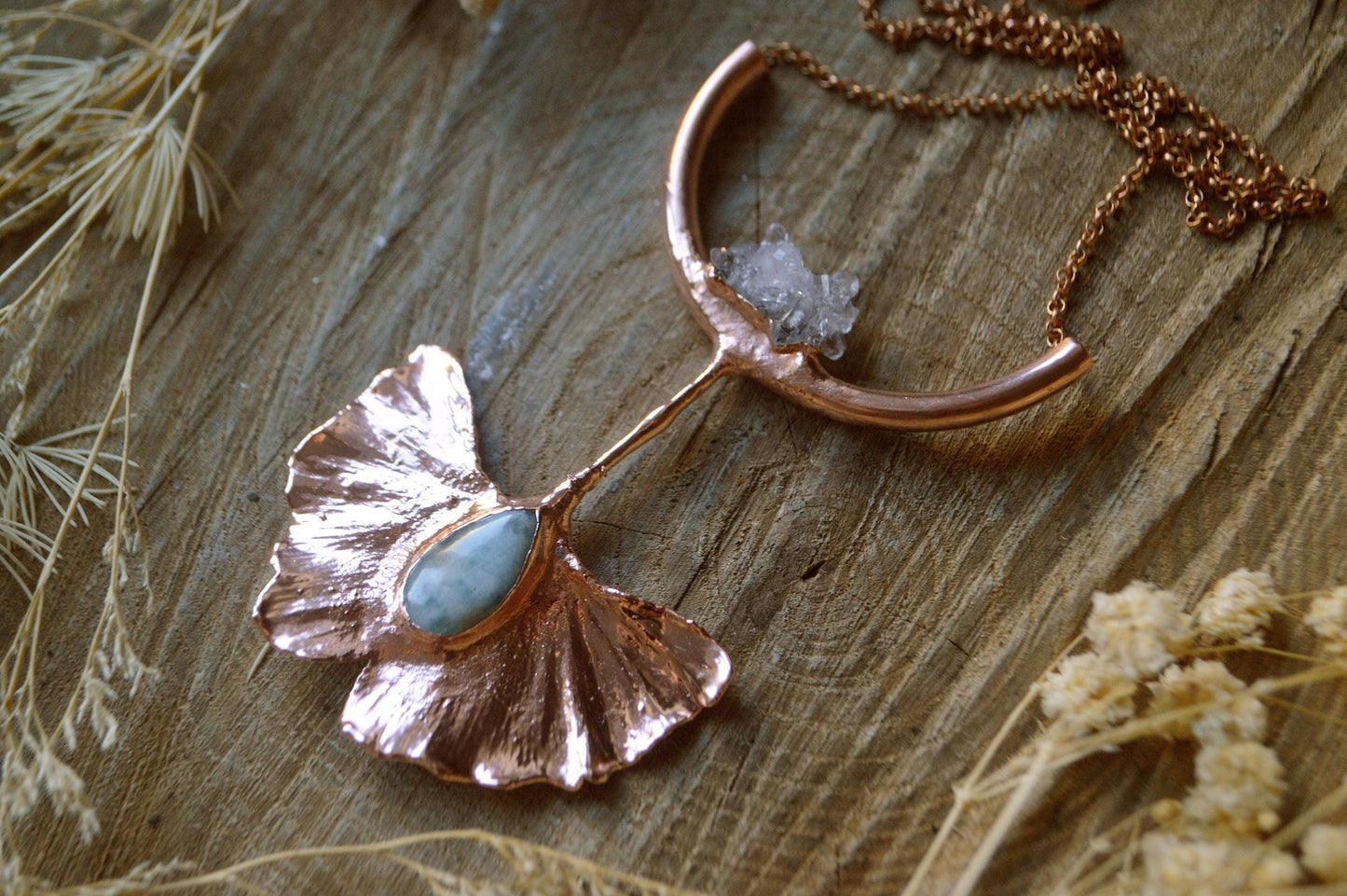 Real Gingko leaf with Larimar and quartz cluster electroformed in copper. Boho gifts for her
