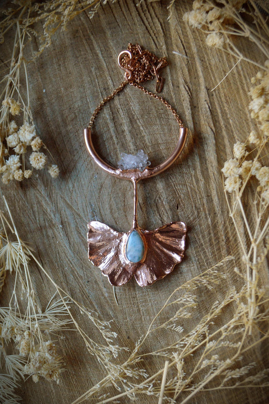 Real Gingko leaf with Larimar and quartz cluster electroformed in copper. Boho gifts for her