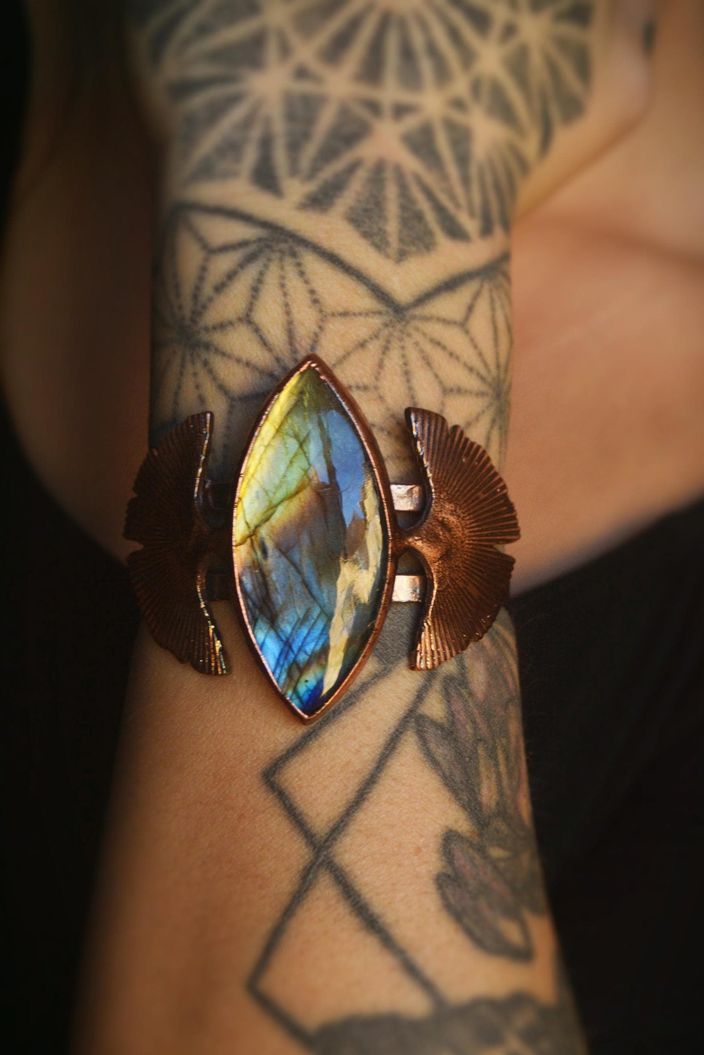 Gingko inspired labradorite statement bangle
