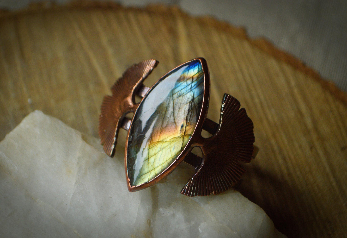 Gingko inspired labradorite statement bangle