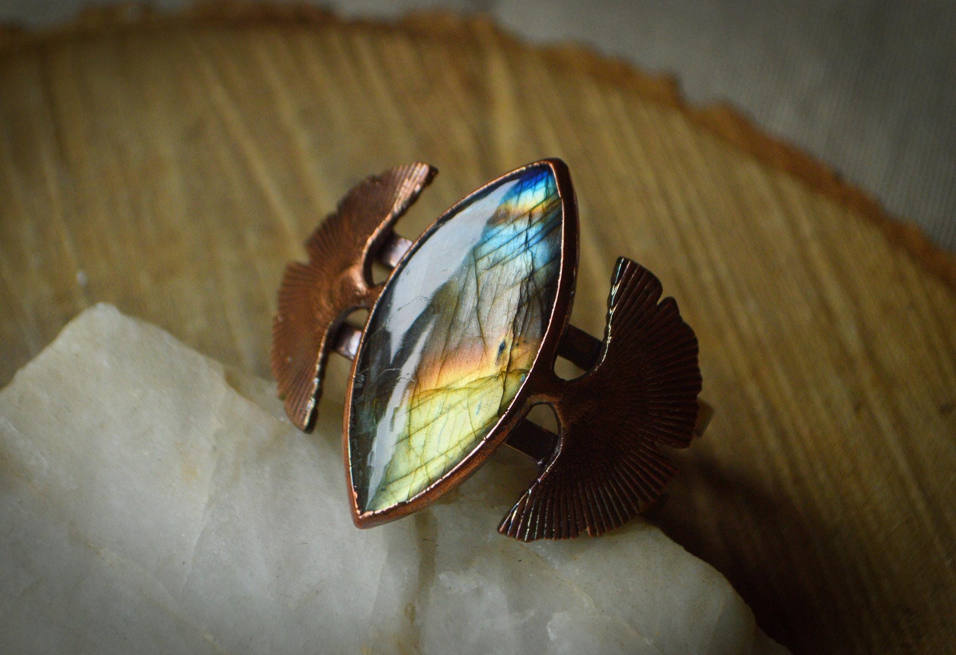 Gingko inspired labradorite statement bangle
