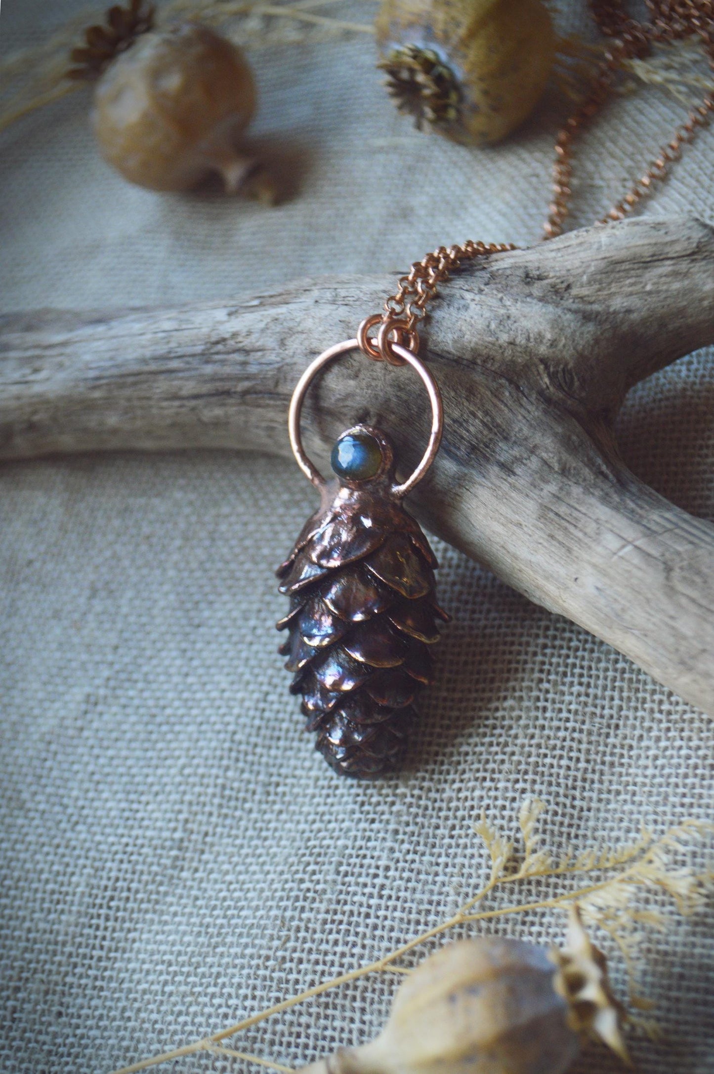 Real pinecone formed in copper pendant with blue labradorite, Christmas gift for her