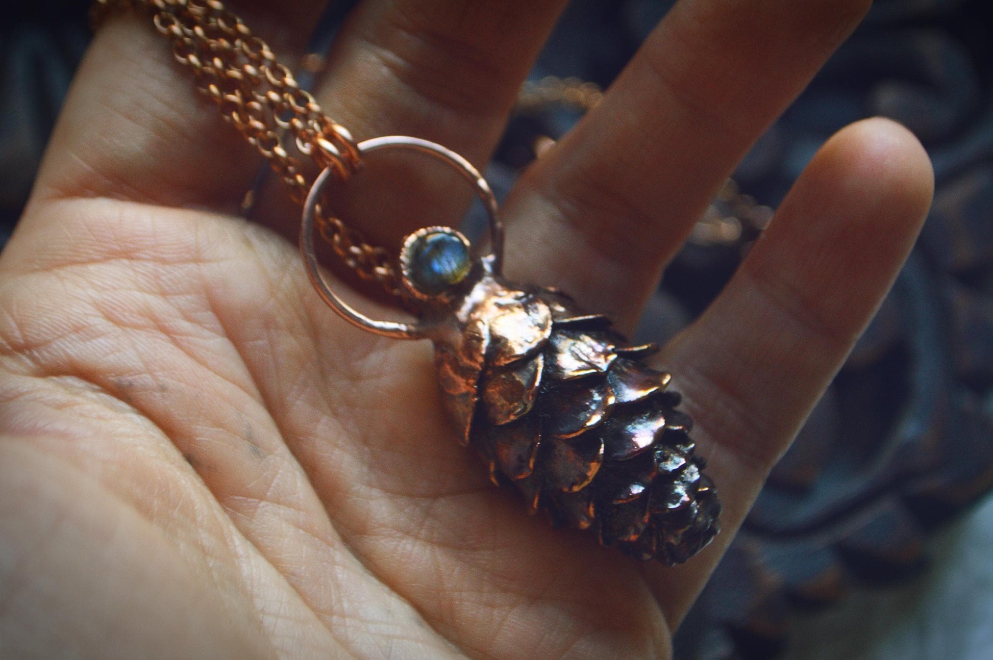 Real pinecone formed in copper pendant with blue labradorite, Christmas gift for her