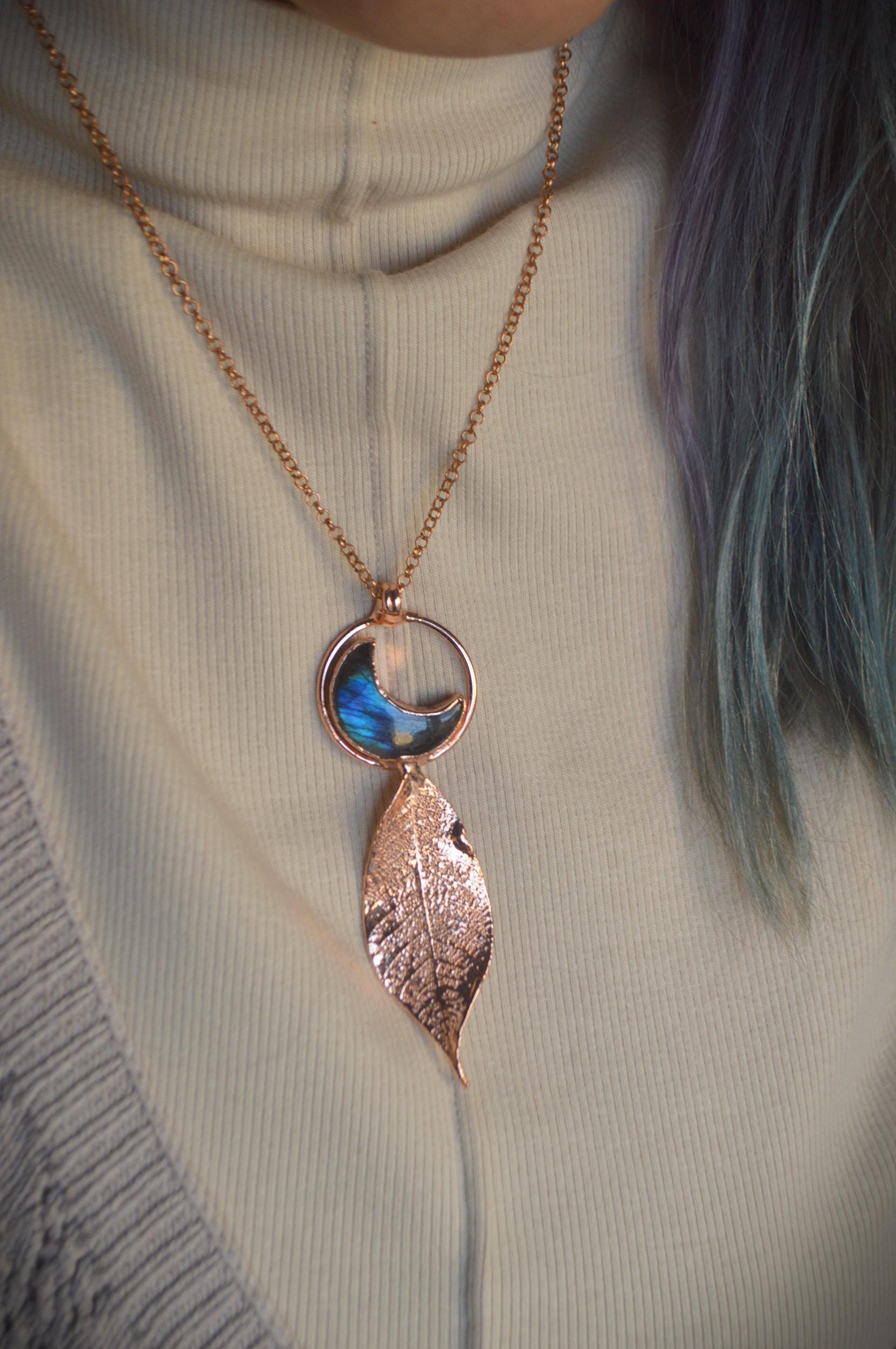 Skeleton leaf formed in copper pendant with blue labradorite moon, Christmas gift for her