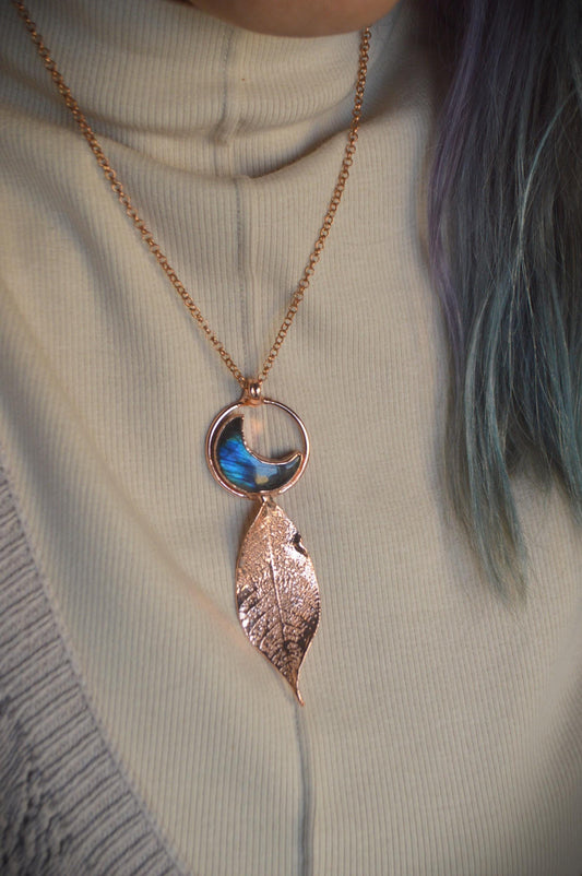 Skeleton leaf formed in copper pendant with blue labradorite moon, Christmas gift for her