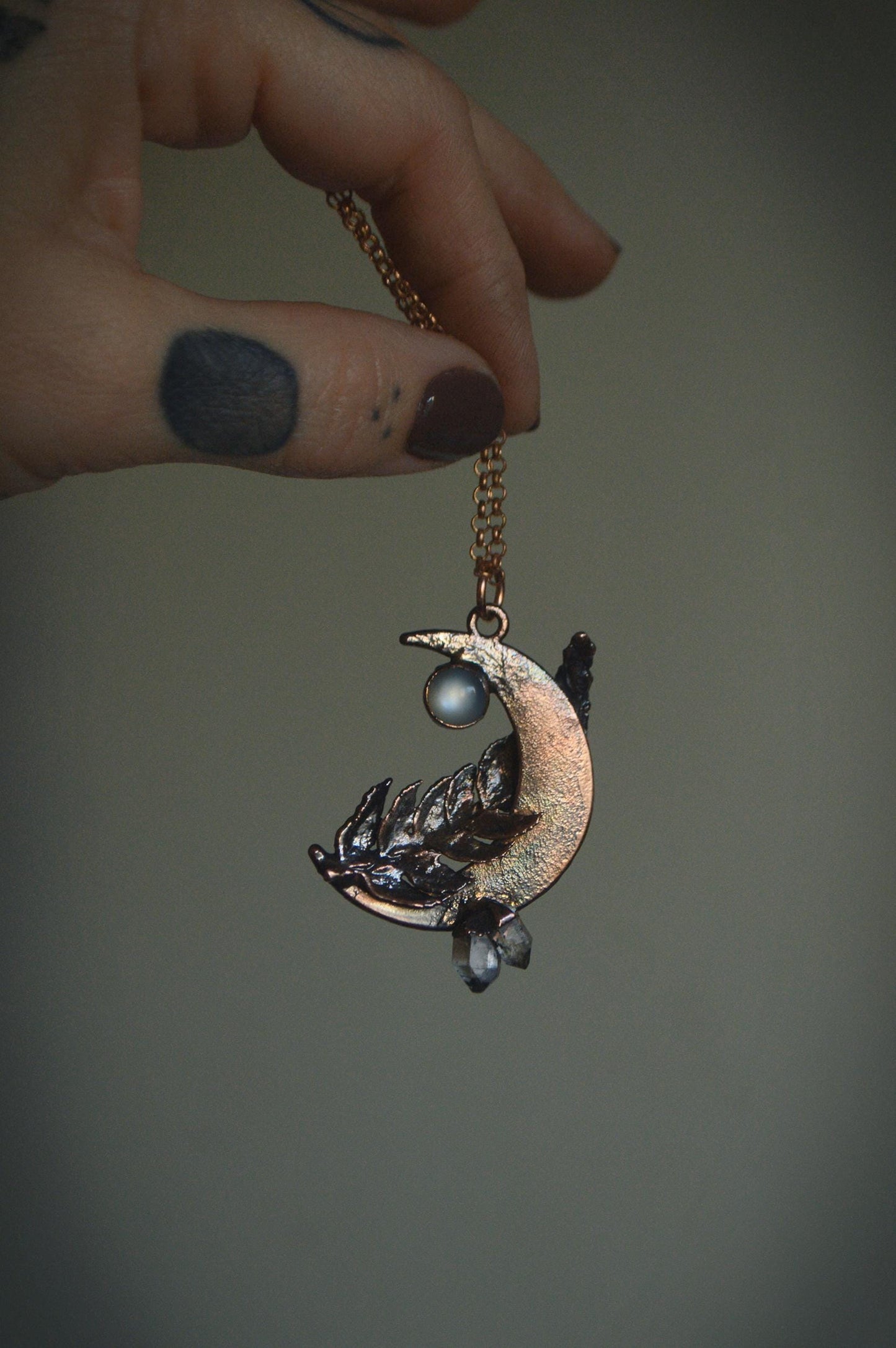 Real fern leaf necklace with raw quartz and moonstone, dreamy jewellery